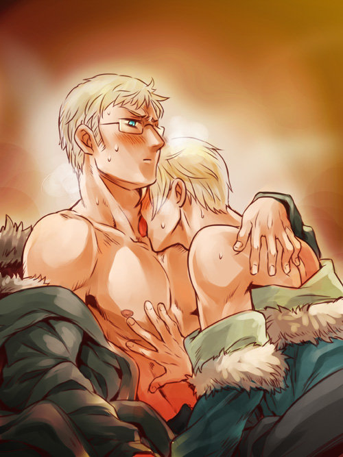 2boys axis_powers_hetalia berwald_oxenstierna blonde_hair blush finland_(hetalia) glasses green_eyes licking male multiple_boys nipples sweat sweden_(hetalia) tino_vainamoinen tongue yaoi