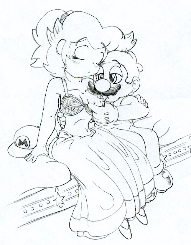 bra breasts clothes female hat hope(n_forever) human male mario mario_(series) monochrome nintendo princess_peach sitting straight tagme