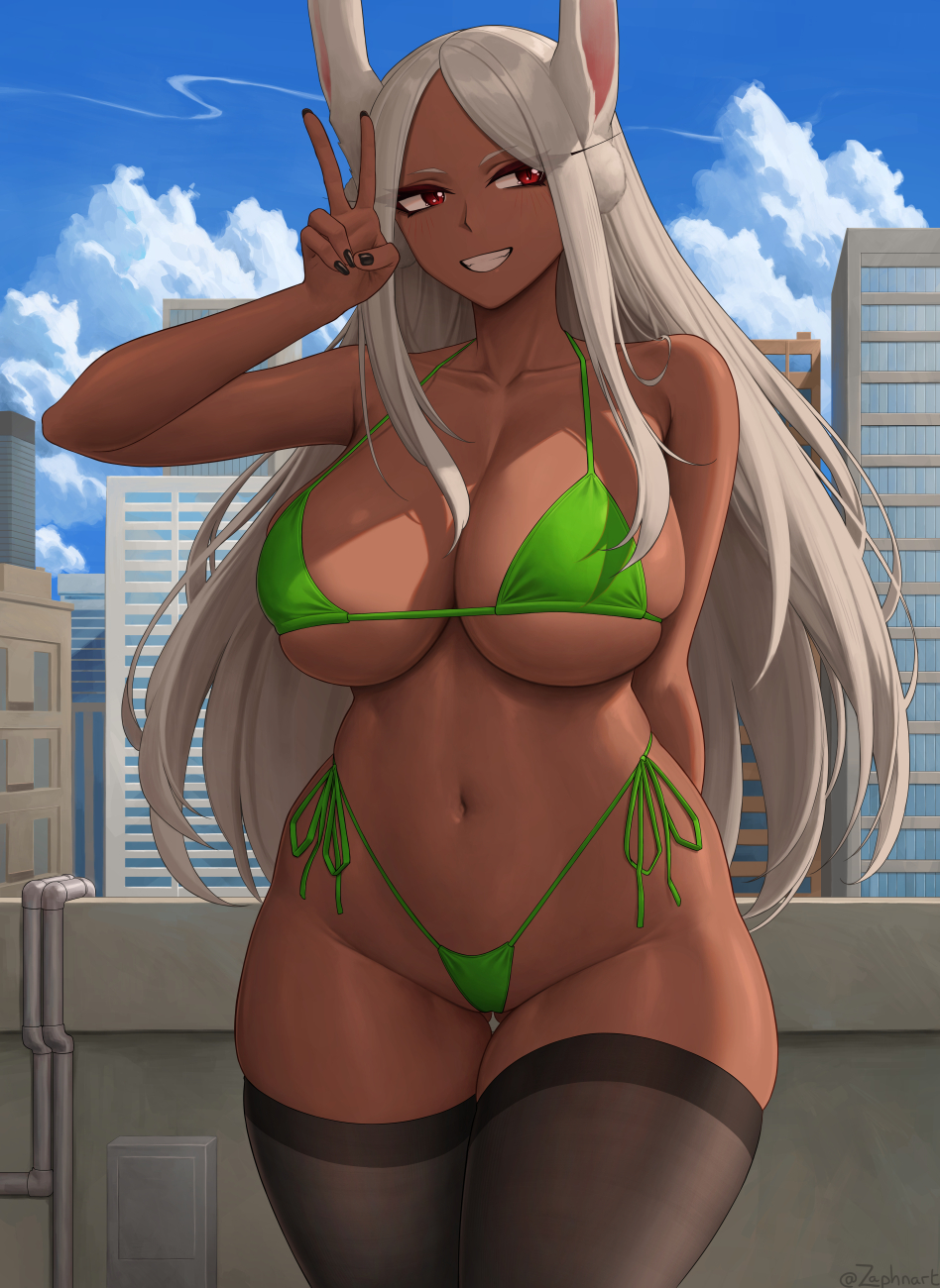 1girls, bikini, breasts, brown skin, bunny ears, dark skin, dark-skinned female, female, green bikini, hips, huge breasts, long hair, miruko, my hero academia, rabbit ears, red eyes, rumi usagiyama, smile, thick thighs, thighs, white hair, wide hips, zaphn
