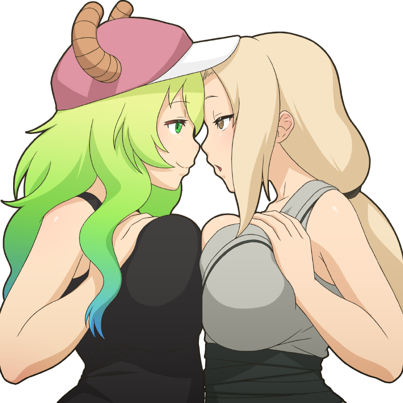 2girls, alternate version available, bare arms, bare shoulders, big breasts, blonde hair, blue highlights, boruto: naruto next generations, breast grab, breast press, breast squeeze, breast squish, breasts, brown eyes, busty, cap, clothed, clothing, crossover, dragon girl, dragon horns, female, female focus, female only, female/female, fully clothed, green hair, hair ribbon, hat, headwear, hi res, high resolution, highres, horn, horns, kimono, kobayashi-san chi no maidragon, large breasts, light skin, light-skinned female, looking at another, looking at partner, lucoa, lucoa (maidragon), manyakis, mature, mature female, milf, miss kobayashi's dragon maid, naruto, naruto (classic), naruto (series), naruto shippuden, naruto: the last, open mouth, pale skin, pale-skinned female, ponytail, quetzalcoatl (dragon maid), ribbon, shounen jump, sleeveless, sleeveless shirt, tied hair, transparent background, tsunade, voluptuous, voluptuous female, wavy hair, yukata, yuri