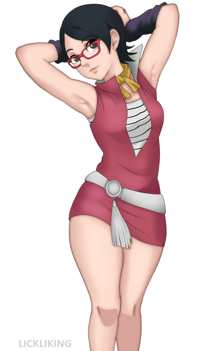 1girls, alternate costume, armpit crease, armpit fetish, armpits, arms behind head, arms up, bare legs, bare thighs, belt, black eyes, black gloves, black hair, boruto: naruto next generations, breasts, clothed, clothing, female, female focus, female only, fingerless gloves, fully clothed, glasses, gloves, hi res, high resolution, highres, hourglass figure, lickliking, lipstick, looking at viewer, makeup, naruto, naruto (series), petite, pink lips, pink lipstick, pinup, pose, posing, sarada uchiha, scarf, sensual, short hair, shounen jump, skimpy, skimpy clothes, skimpy dress, sleeveless, sleeveless dress, small breasts, smile, solo, solo female, standing, thick thighs, thighs, tomboy, white background, wide hips
