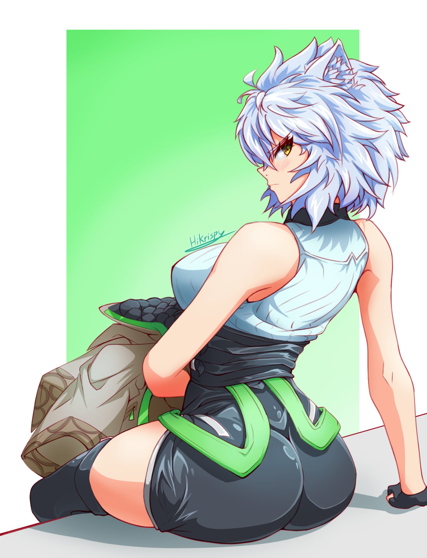 1girls, ass, ass focus, bare shoulders, black boots, black gloves, black shorts, black thighhighs, boots, breasts, bubble ass, bubble butt, cat ears, cat girl, catgirl, female, female only, fingerless gloves, gloves, highres, hikrispy, jacket, jacket removed, large ass, large breasts, looking at viewer, looking back, monolith soft, na'el (xenoblade), nintendo, shorts, tank top, thick thighs, thigh boots, thighhighs, thighs, viewed from behind, white tank top, xenoblade (series), xenoblade chronicles 3, xenoblade chronicles 3: future redeemed, yellow eyes