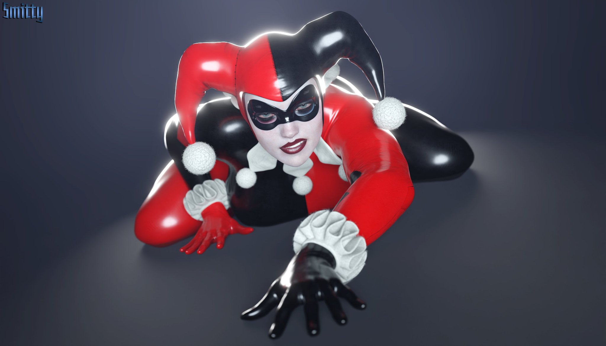 1girls, 3d, 3d (artwork), all fours, arched back, batman (series), batman: arkham knight, big breasts, blue eyes, bodysuit, breasts, busty, clown, clown girl, crawling, curvaceous, curvy, curvy figure, dc, dc comics, digital media (artwork), female, female only, fully clothed, harley quinn, harley quinn (classic), harley quinn (injustice), injustice 2, jester, jester cap, jester costume, jester girl, jester hat, jester outfit, large breasts, legs, light skin, light-skinned female, lips, seductive pose, smitty34, solo, villain, villainess, voluptuous, waist, wide hips