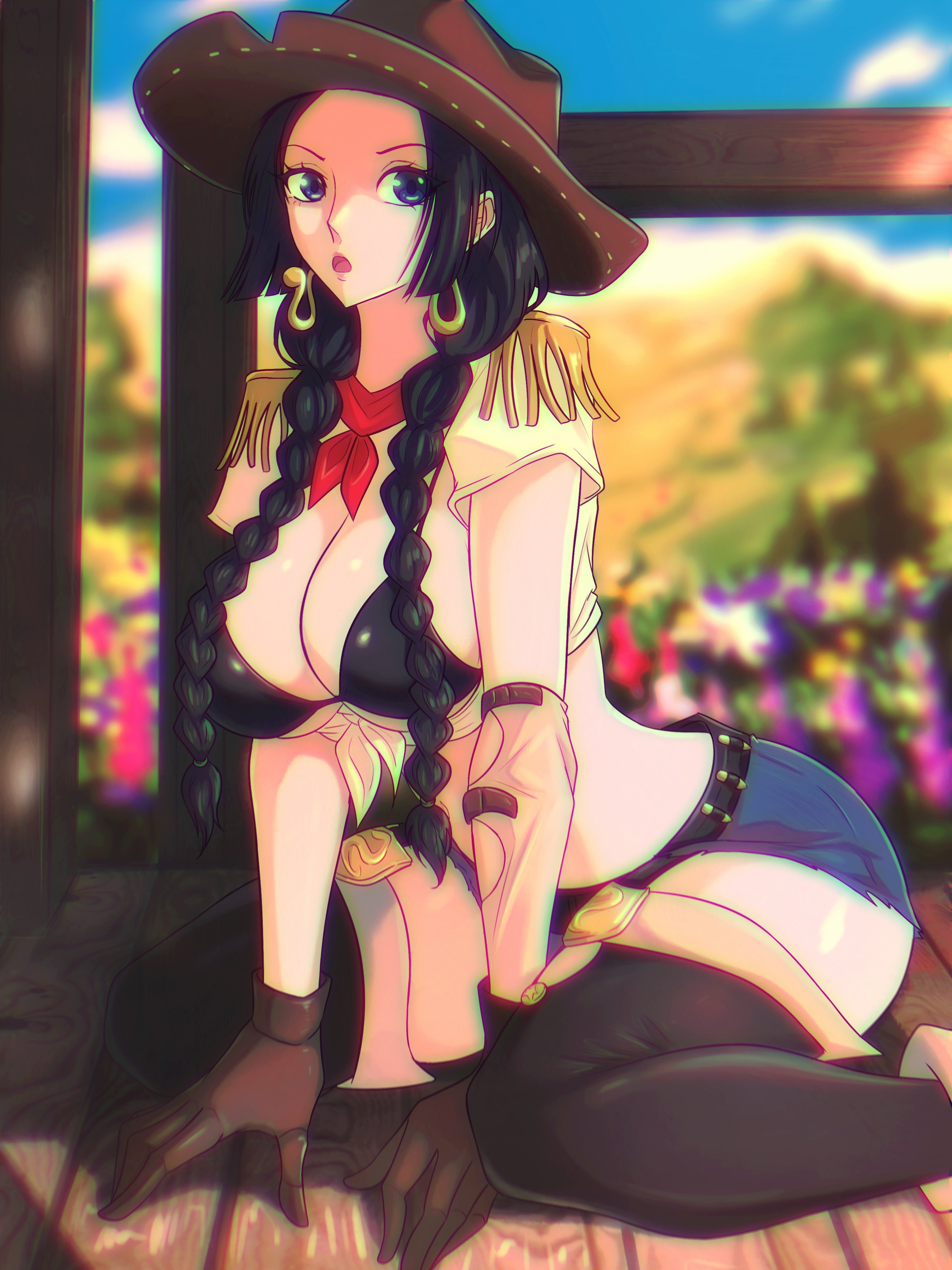 1girls, black hair, black-haired female, blue eyes, boa hancock, cowboy hat, cowgirl outfit, earrings, female, female only, gloves, one piece, opalisart, solo, thighhighs