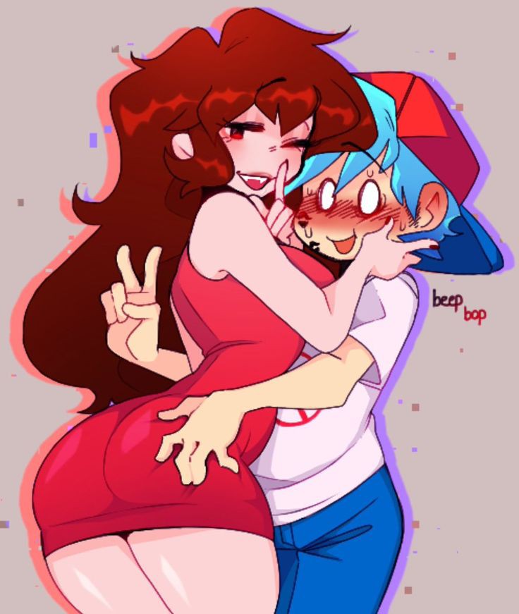 1boy, 1girls, ass, ass grab, auburn hair, blush, boyfriend (friday night funkin), breasts, female, fnf, friday night funkin, girlfriend (friday night funkin), kiss mark, looking at viewer, male, pale skin, red dress, simple background, tight dress