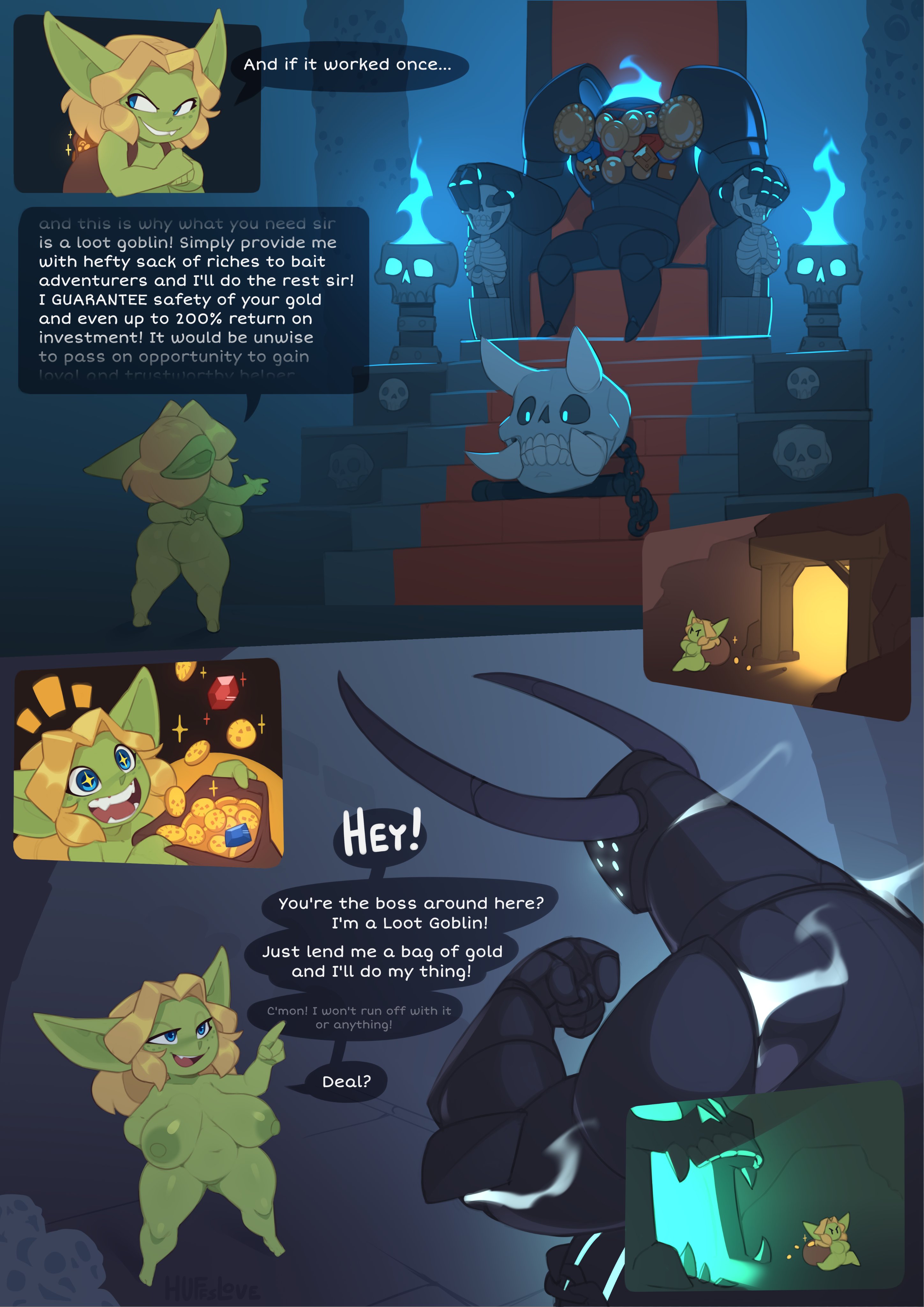 1girls, absurd res, areolae, ass, backpack, bag, big breasts, big ears, blonde hair, blue eyes, breasts, casual, comic, completely nude, dialogue, english text, female, freckles, goblin, goblin female, green skin, huffslove, nipples, nude, nude female, original, original character, pointy ears, pussy, shortstack, speech bubble, syllia (huffslove), thick thighs