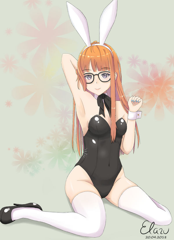 1girls, black leotard, bowtie, breasts, bunny ears, covered navel, cuff links, detached collar, elazu (artist), fake animal ears, female, glasses, high heels, leotard, long hair, looking at viewer, orange hair, painted fingernails, persona, persona 5, playboy bunny, purple eyes, sakura futaba, small breasts, thighhighs, wariza