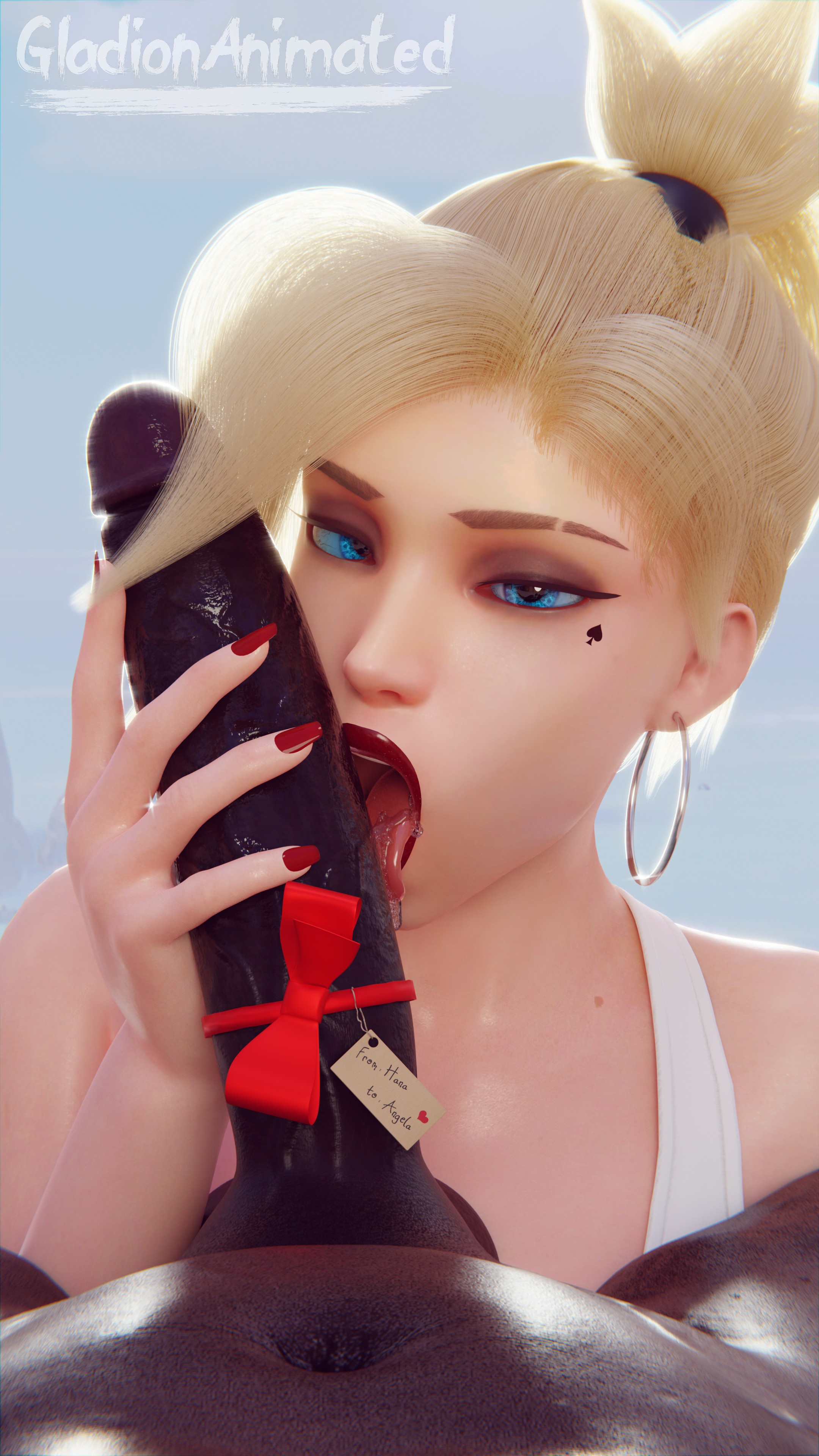 3d, big penis, blender (software), blonde female, blonde hair, blonde-haired female, blue eyes, bow, dark skin, dark-skinned male, earrings, eyebrow slits, eyebrows, fellatio, female, fortnite, fortnite: battle royale, gift, gift wrapped, gladionanimated, handjob, hands on penis, interracial, large penis, licking, licking penis, light skin, light-skinned female, lipstick, long fingernails, looking at viewer, male, mercy, muscular, muscular male, nail polish, overwatch, overwatch 2, pale skin, pale-skinned female, penis, ponytail, pov, queen of spades, red lipstick, red nails, saliva, saliva drip, saliva on penis, saliva trail, skin contrast, spade tattoo, tattoo