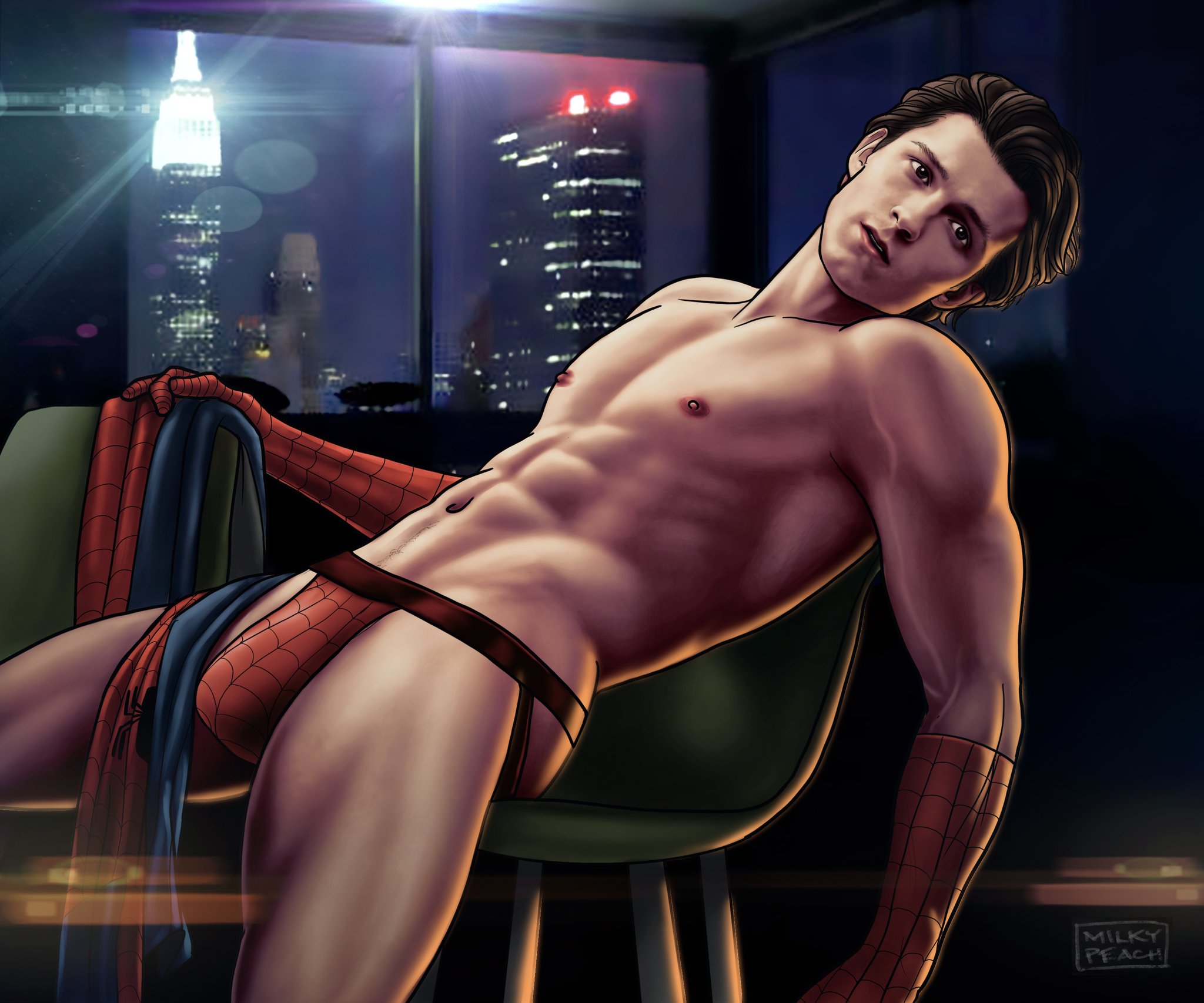 1boy, abs, actor, bara, biceps, big bulge, bulge, celebrity, huge bulge, human, human only, jockstrap, light skin, light-skinned male, looking at viewer, male, male only, marvel, marvel cinematic universe, marvel comics, milkypeach232, muscular, muscular male, pecs, peter parker, shirtless male, smooth chest, smooth skin, solo, solo male, spider-man, spider-man (series), spider-man (tom holland), thick thighs, tom holland, underwear, underwear only, yaoi