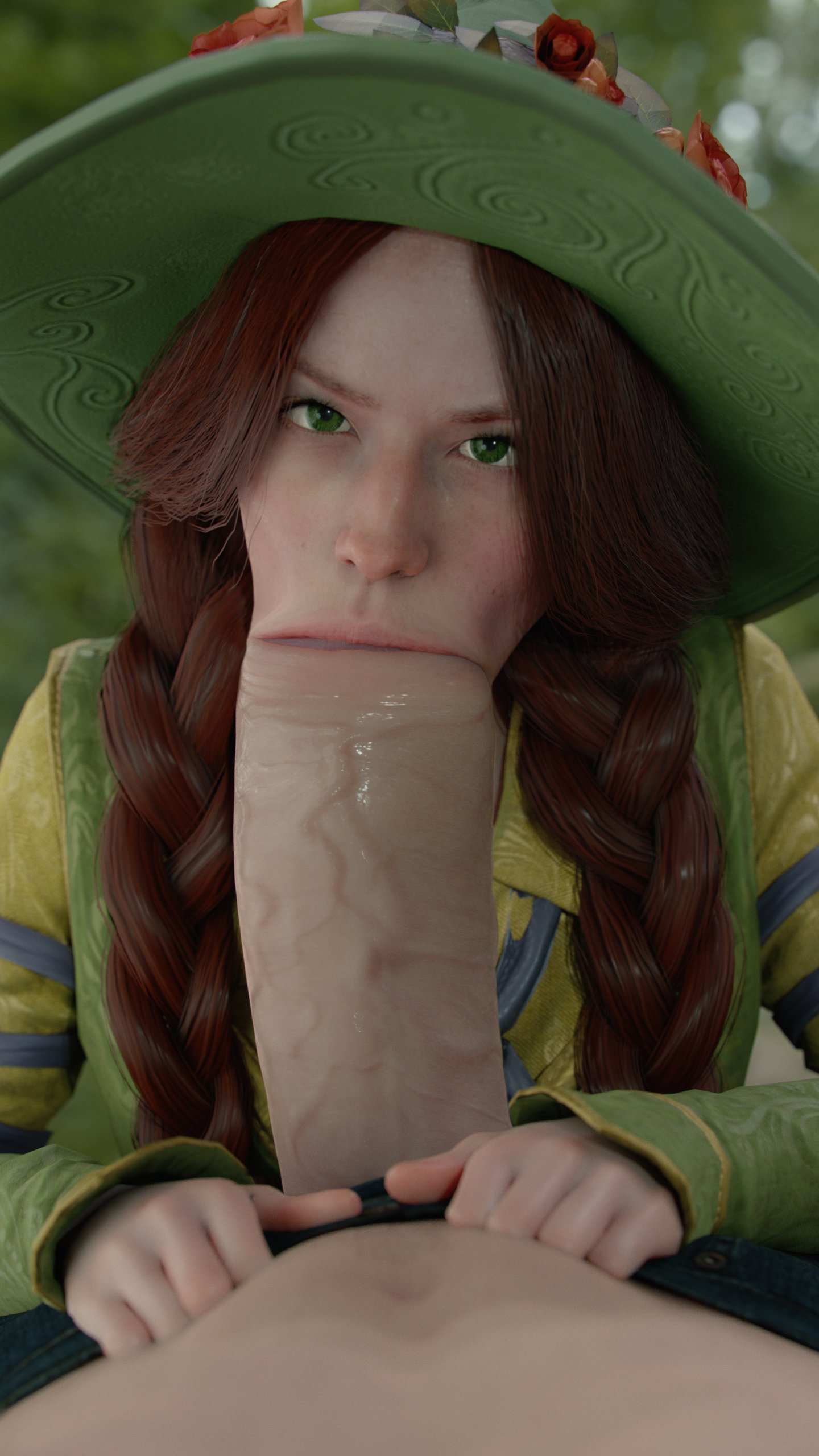 1boy, 1girls, 3d, 3d (artwork), big penis, blowjob, edit, edited, eye contact, fellatio, female, ginger hair, green eyes, harry potter, hogwarts legacy, hogwarts professor, huge cock, leeterr, light skin, light-skinned male, looking at viewer, male, mirabel garlick, partial male, penis, pov, red hair, witch (harry potter)