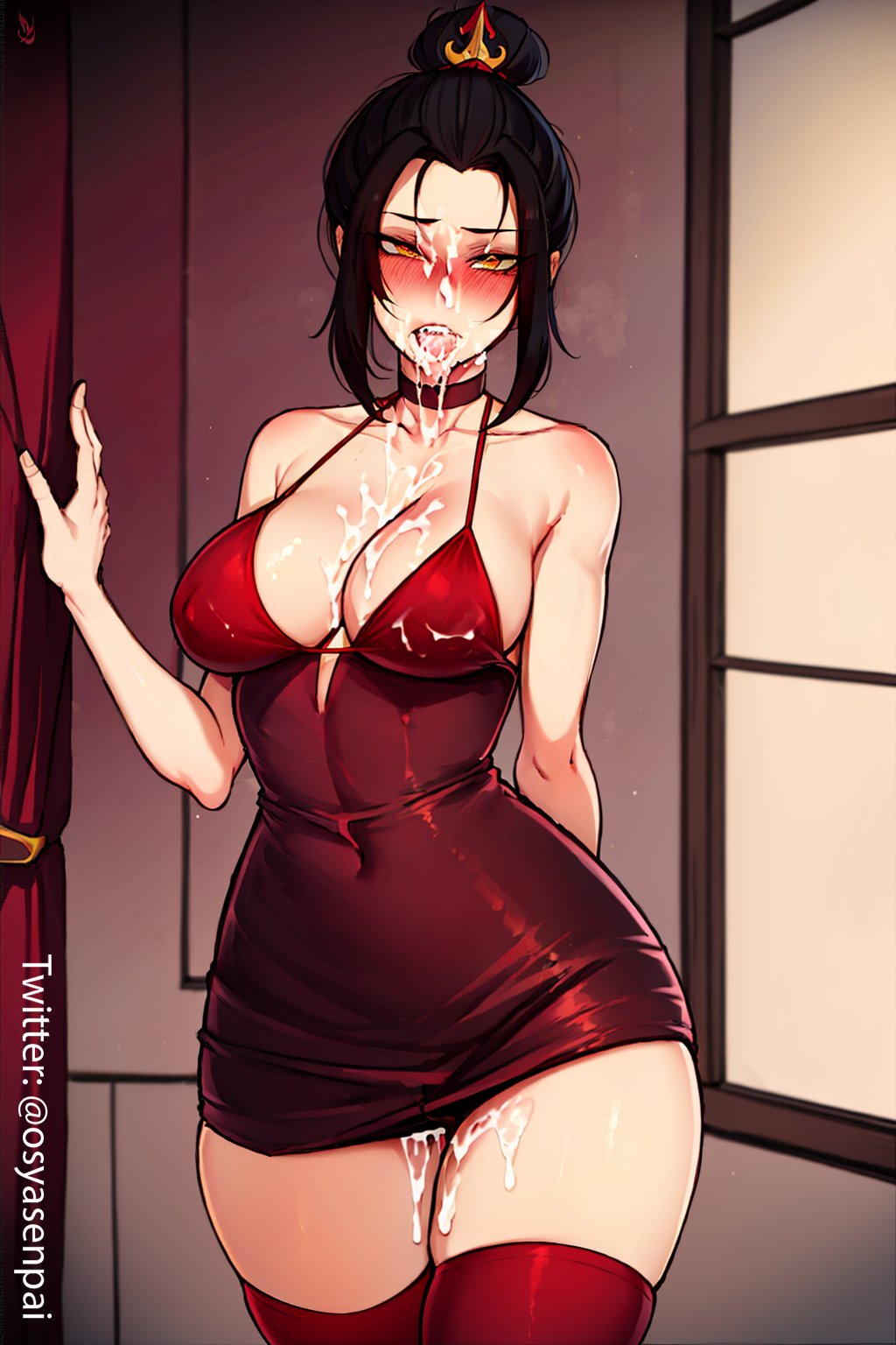 1girls, ai generated, amber eyes, avatar legends, avatar the last airbender, azula, big breasts, black hair, breasts, cum, cum on face, dark hair, female, female only, fire nation, lingerie, looking at viewer, mommy, osyasenpai, red lingerie, solo, solo female, stable diffusion, thick thighs, thighs