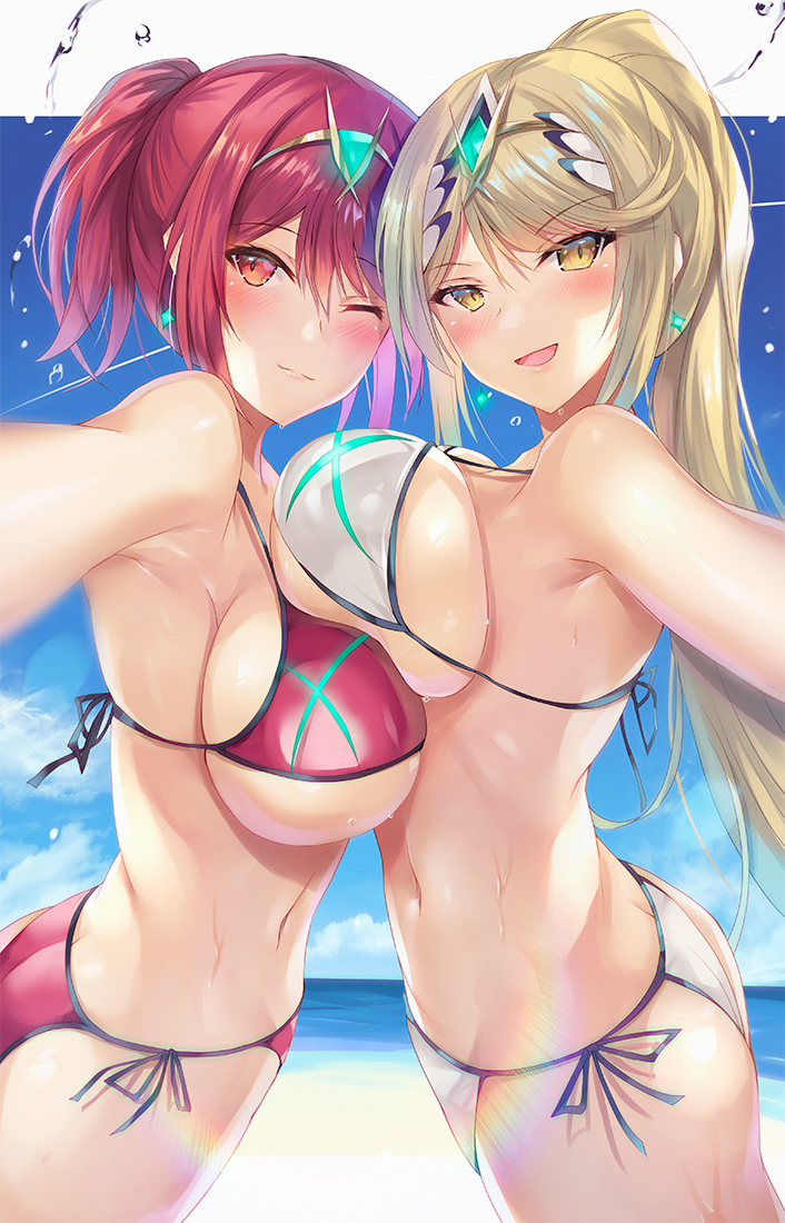 2girls armpits ass beach bikini blonde_hair breasts clouds earrings female female_only hinot inoue_takuya_(pixiv_99697) large_breasts looking_at_viewer midriff mythra navel nintendo ocean outside ponytail pyra red_bikini red_eyes red_hair red_swimsuit side-tie_bikini side-tie_swimsuit sky swimsuit tiara water white_bikini white_swimsuit xenoblade_(series) xenoblade_chronicles_2 yellow_eyes