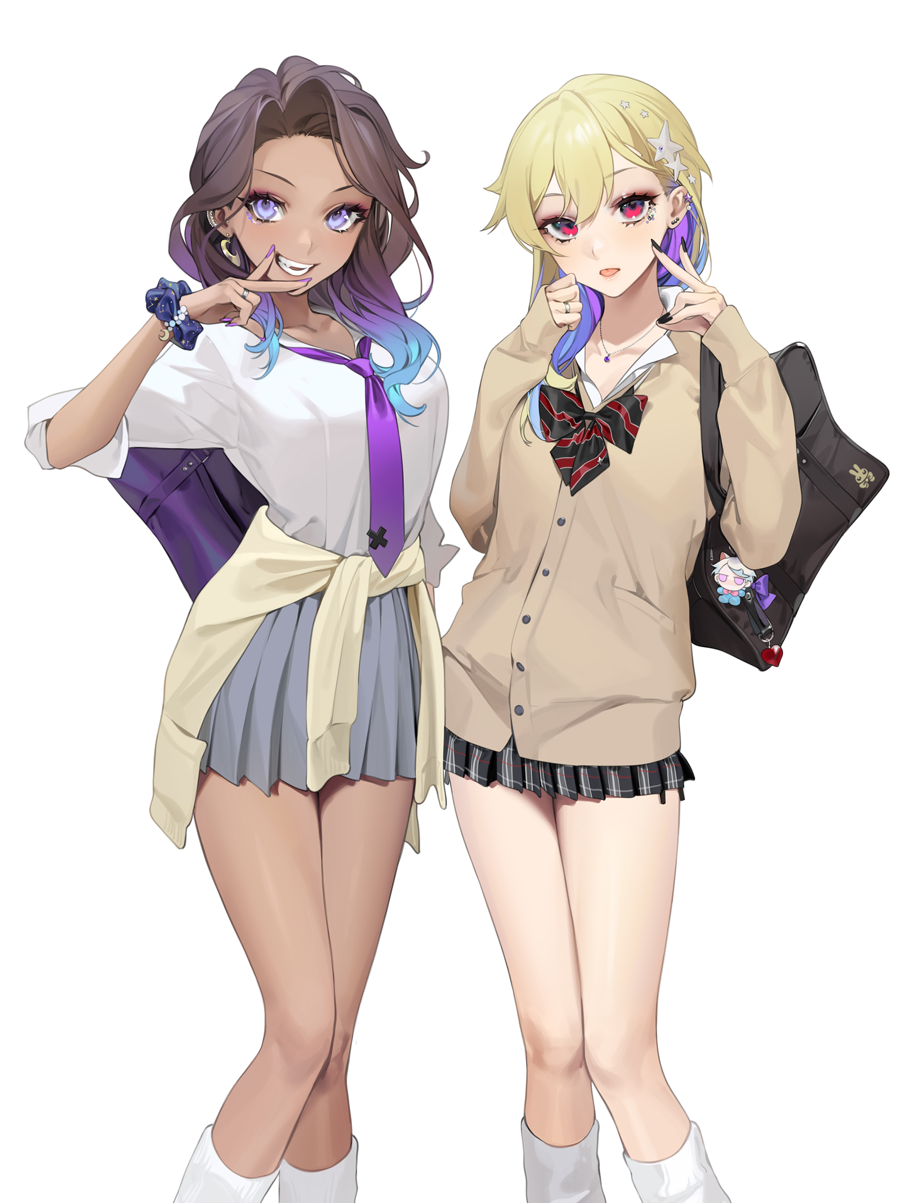 2girls, bag, black hair, blonde hair, blue skirt, breasts, brown cardigan, cardigan, ear clip, earrings, female, female only, gyaru, hair ornament, humanization, kneesocks, layla (ohisashiburi), long hair, looking at viewer, loose socks, medium breasts, multicolored hair, necklace, necktie, ohisashiburi, original, original character, original characters, painted fingernails, peace sign, plaid skirt, pleated skirt, purple eyes, red eyes, ring, school bag, school uniform, shirt, shoulder bag, skirt, socks, sweater, sweater around waist, white shirt, white socks, wrist scrunchie, yuri, yuson (ohisashiburi)