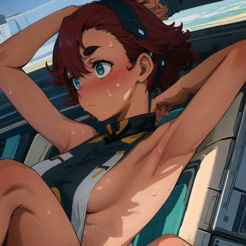 1girls, ai generated, armpits, blue eyes, blush, blush lines, breasts, dark skin, dark-skinned female, female, female focus, female only, genghis of swans, gundam, gundam suisei no majo, looking away, mix pro, nai diffusion, raised arms, red hair, sideboob, sole female, stable diffusion, suletta mercury, sweat, sweatdrop, sweaty armpits