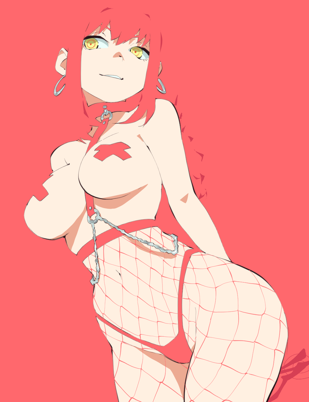 1girls, aetherion art, chainsaw man, female, fishnet stockings, light skin, light-skinned female, makima (chainsaw man), nipple pasties, panties, red hair, red-haired female, smooth skin, solo, solo female