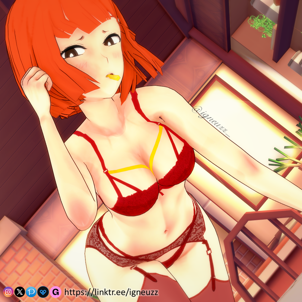 1girls 3d bangs bare_shoulders big_breasts blush bob_cut bra breasts burger cute double_entendre female female_focus female_only french_fries garter_belt garter_straps hamburger head_tilt holding_burger igneuzz inviting light-skinned_female lingerie lingerie_only looking_at_viewer mcdonald's milf mom_(japanese_mcdonald's_commercial) mother no_sex non-nude on_table orange_hair reclining red_bra red_garter_belt red_garter_straps red_lingerie red_thong short_hair sitting sling_bikini smile smiling solo thick_thighs thong yoru_mac