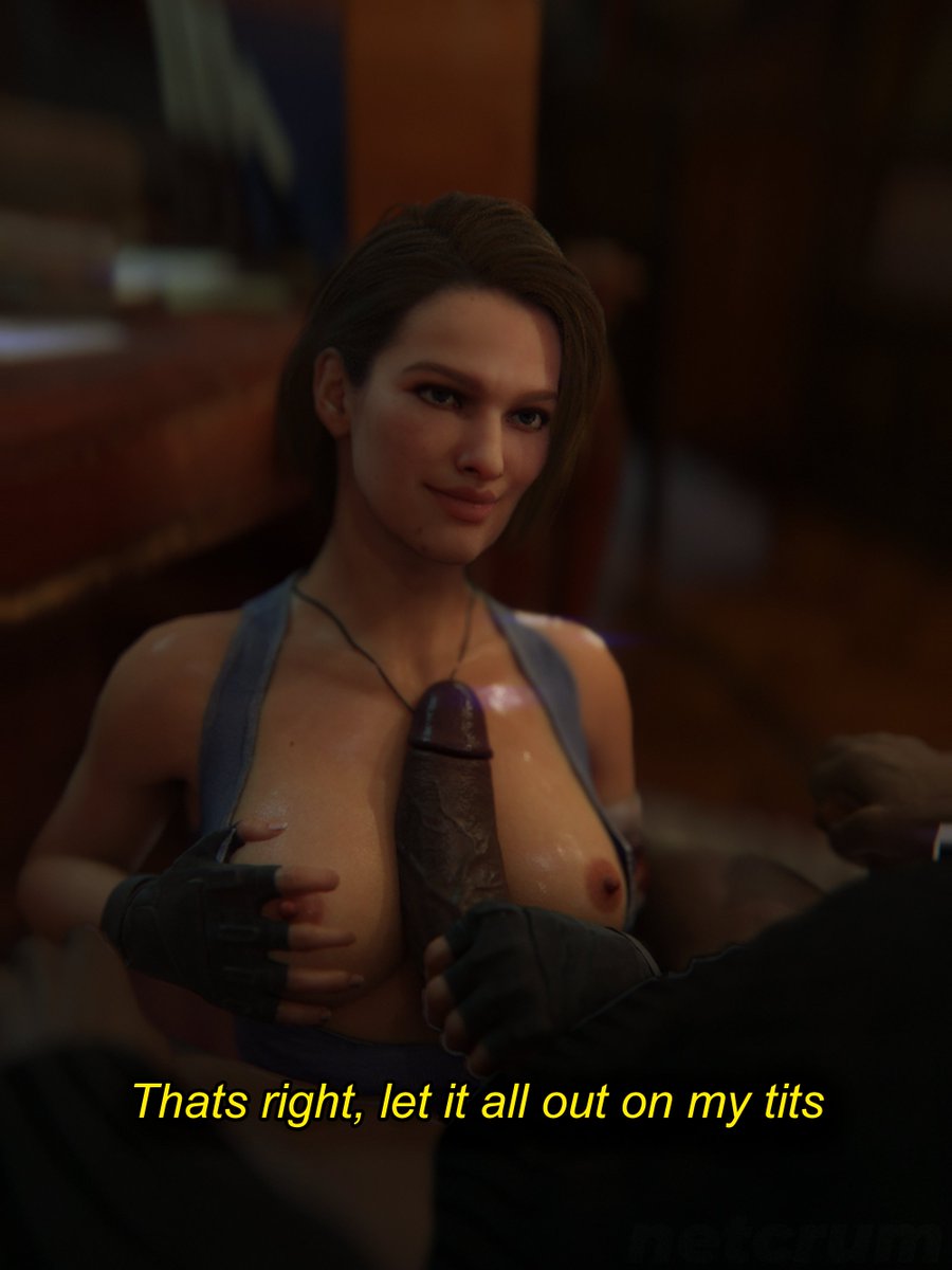 1boy, 1girls, 3d, breasts, breasts out, cum, cum on breasts, cum on upper body, dark skin, dark-skinned male, female, hand on breast, hand on penis, interracial, jill valentine, jill valentine (sasha zotova), male, netcrum, penis, resident evil, resident evil 3, resident evil 3 remake, smiling, straight, unseen male face