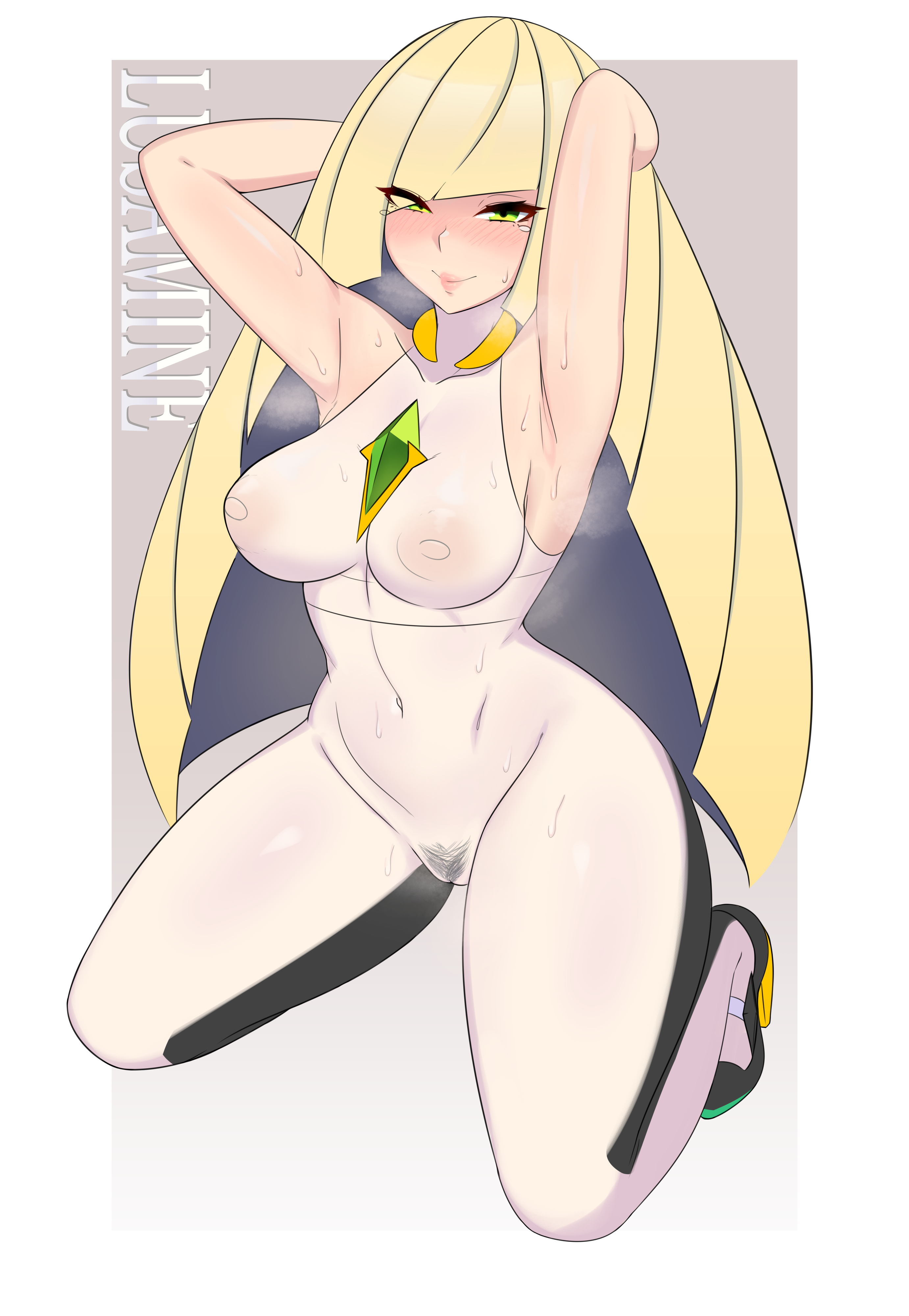1girls, alternate costume, alternate version available, areolae, big breasts, blonde hair, blush, breasts, female, female only, game freak, green eyes, hair, hands behind head, heels, high heels, lips, lusamine (pokemon), mature, mature female, milf, mother, nipples, pokemon, pokemon sm, pubes, pubic hair, shnibbles, smile, solo, solo female, steam, steamy, sweat, sweatdrop, sweating, sweaty, thighs, transparent clothing