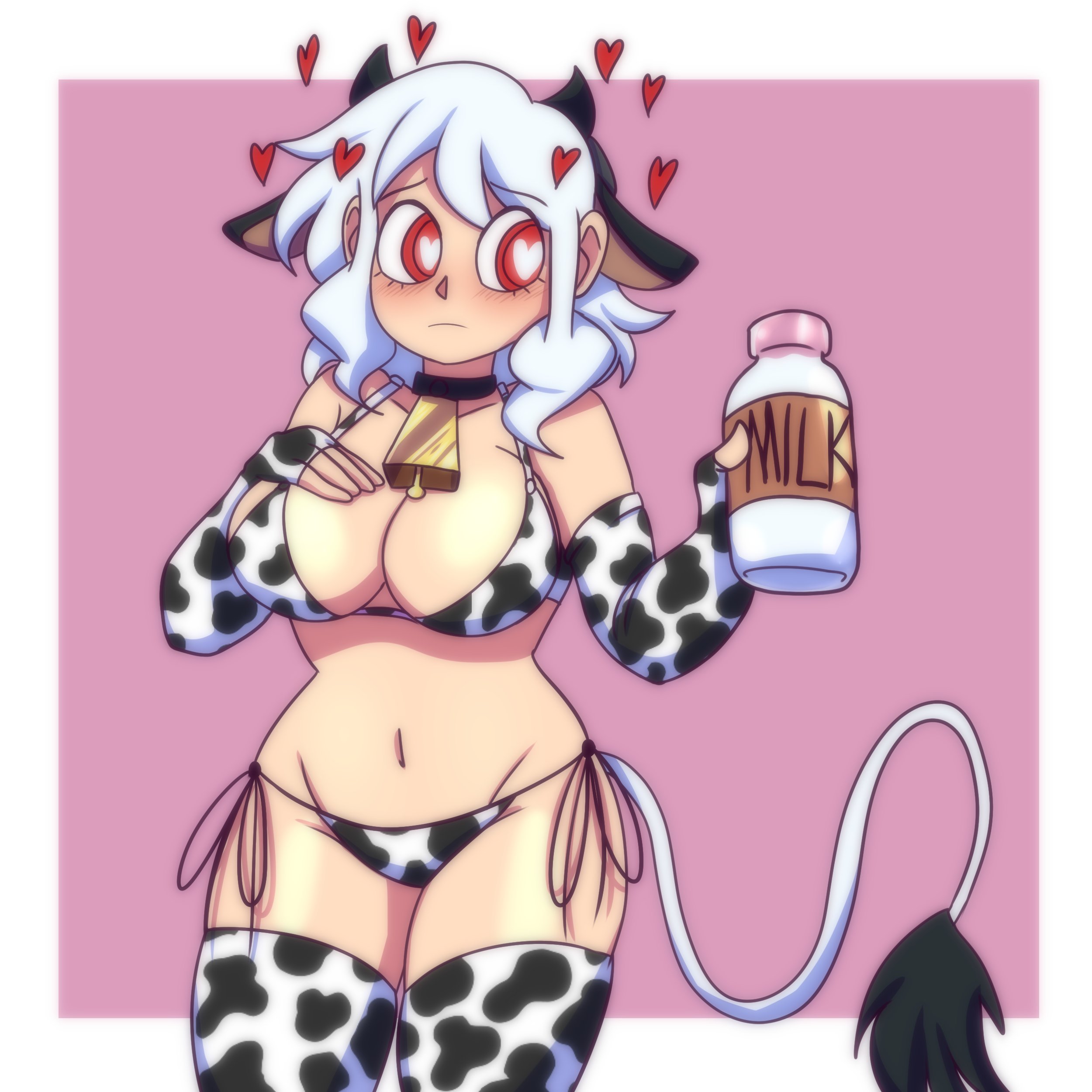 1girls, armwear, big breasts, bikini, bikini bottom, bikini top, bottle, breasts, cleavage, cow print, cow print armwear, cow print bikini, cow print thighhighs, cow tail, cowbell, demon, demon girl, fake animal ears, fake tail, female, female only, hair, heart, heart-shaped pupils, helltaker, huge breasts, lueduar, lueduartv, milk bottle, modeus (helltaker), neckwear, red eyes, solo, solo female, tail, thick thighs, thighhighs, thighs, white hair