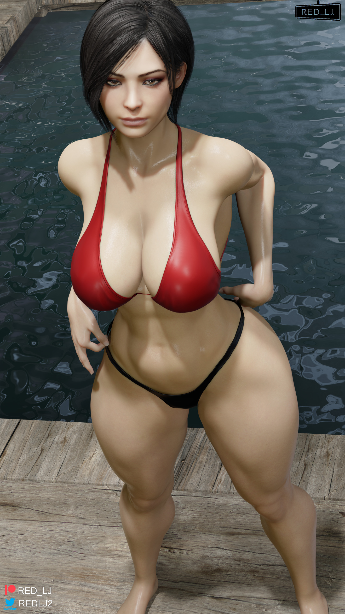 1girls, 3d, ada wong, ada wong (adriana), asian, asian female, bikini, black hair, blender (software), brown eyes, capcom, female, female only, fully clothed, pool, poolside, red bikini, red lj, resident evil, resident evil 4, resident evil 4 remake, solo, swimsuit