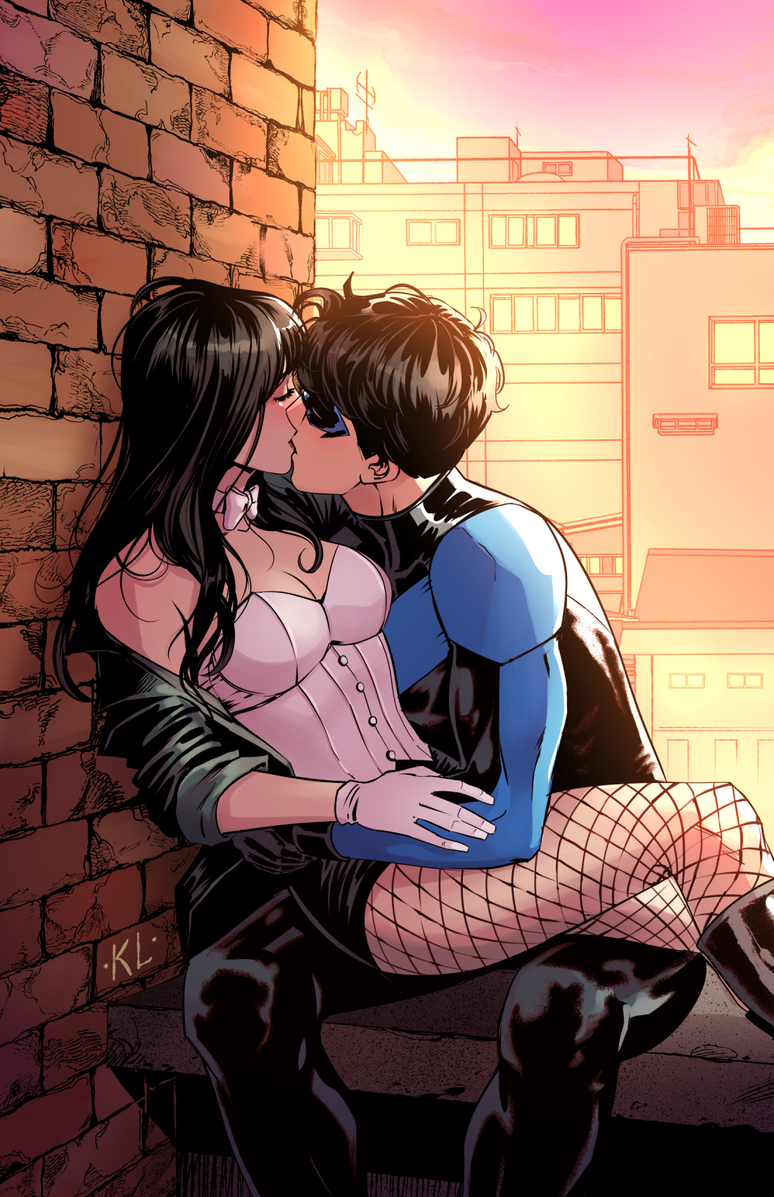 1boy, 1girls, against wall, arms around waist, batman (series), black hair, cleavage, closed eyes, dc, dc comics, dick grayson, embrace, female, fishnet legwear, fishnets, gloves, hero, hugging, kissing, making out, male, male/female, mask, nightwing, on lap, romantic, sitting on lap, straight, tight clothing, young justice, zatanna, zatanna zatara