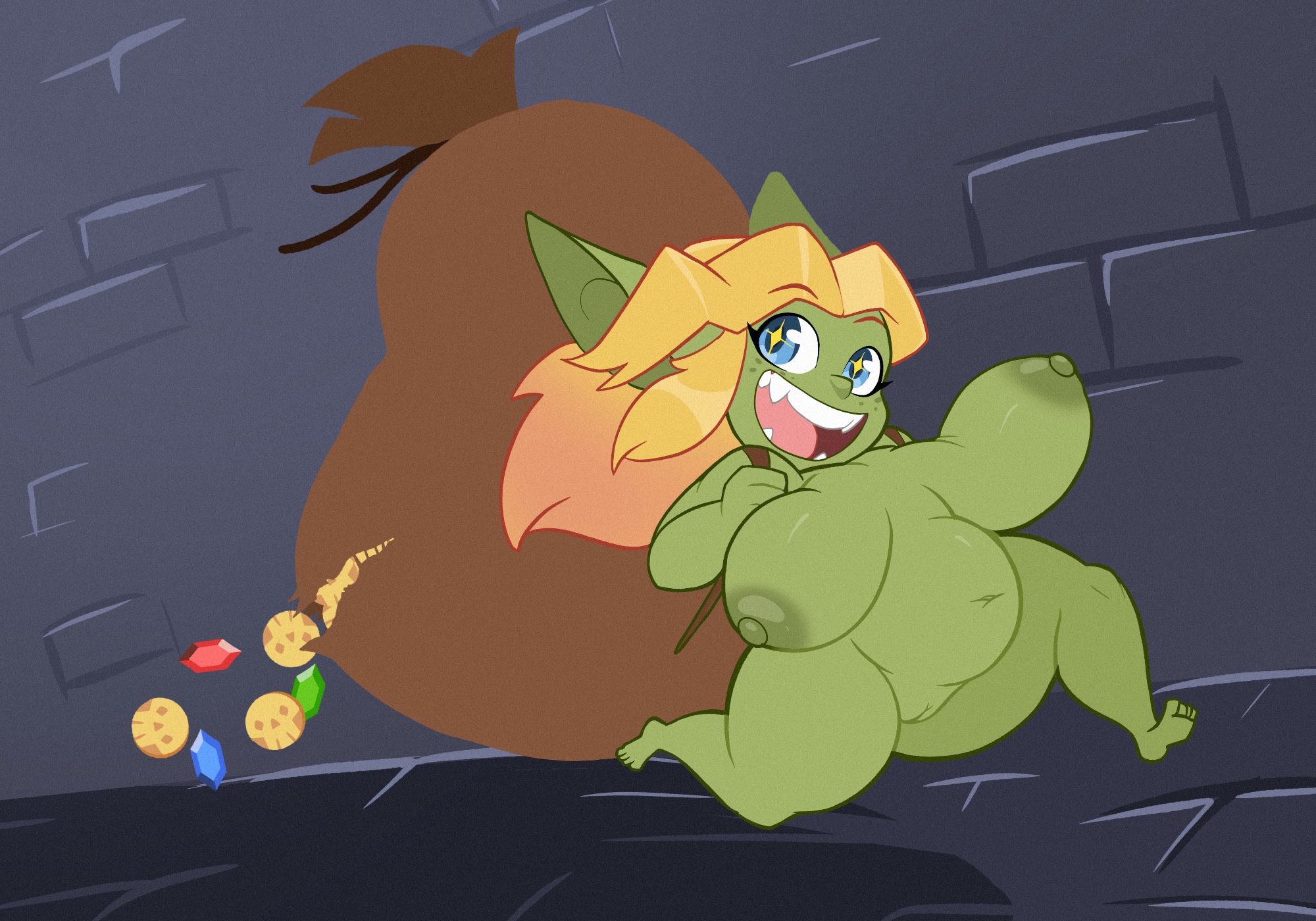 1girls, areolae, backpack, bag, belly, big breasts, big ears, blen bodega, blonde hair, blue eyes, breasts, chubby, female, female only, goblin, goblin female, gold (metal), gold jewelry, green skin, happy, hi res, humanoid pointy ears, long hair, looking at viewer, nipples, nude, nude female, pointy ears, pussy, regret everything, running, shortstack, smiling, solo, sparkling eyes, syllia (huffslove), thick thighs