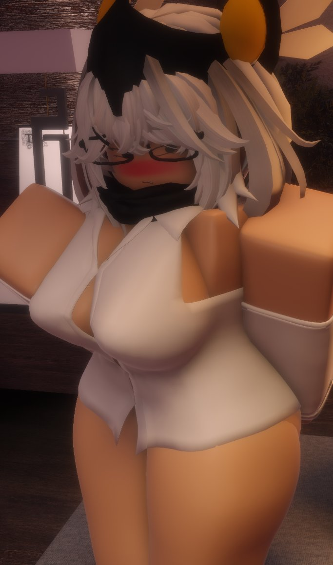 1girls 3d armpits big_ass big_breasts big_butt blackvalk blush bottomless clothed embarrassed female female_only glasses hairclip hand_on_breast light-skinned_female light_skin niki_okarin roblox roblox_avatar robloxian scarf short_hair shoulderless_shirt solo standing thick_thighs tight_clothing white_hair