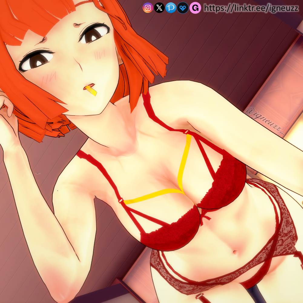 1girls 3d bangs bare_shoulders big_breasts blush bob_cut bra breasts burger cute double_entendre female female_focus female_only french_fries garter_belt garter_straps hamburger head_tilt holding_burger igneuzz inviting light-skinned_female lingerie lingerie_only looking_at_viewer mcdonald's milf mom_(japanese_mcdonald's_commercial) mother no_sex non-nude on_table orange_hair reclining red_bra red_garter_belt red_garter_straps red_lingerie red_thong short_hair sitting sling_bikini smile smiling solo thick_thighs thong yoru_mac