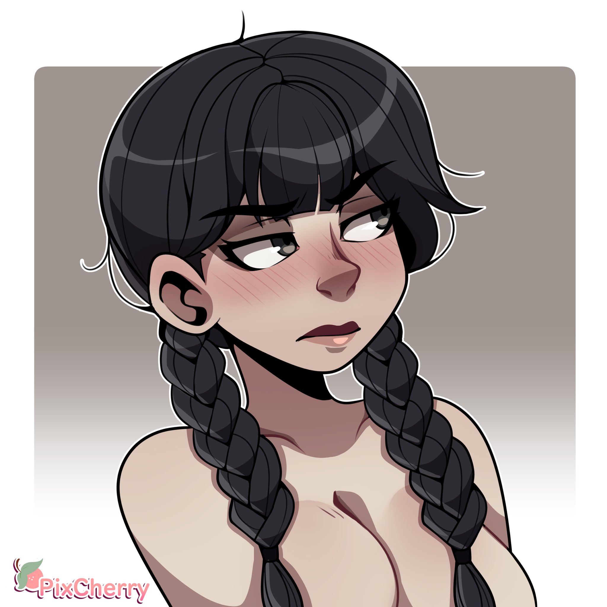 1girls, 2023, bangs, black eyes, black hair, blush, braided twintails, cherrypix, eyebrows visible through hair, eyeshadow, female, female only, fringe, goth, grey background, hi res, imminent oral, light skin, light-skinned female, long hair, narrowed eyes, nude, nude female, oral, pale skin, pale-skinned female, petite, purple lipstick, shy, solo, teenager, the addams family, twintails, unamused, wednesday addams, white background