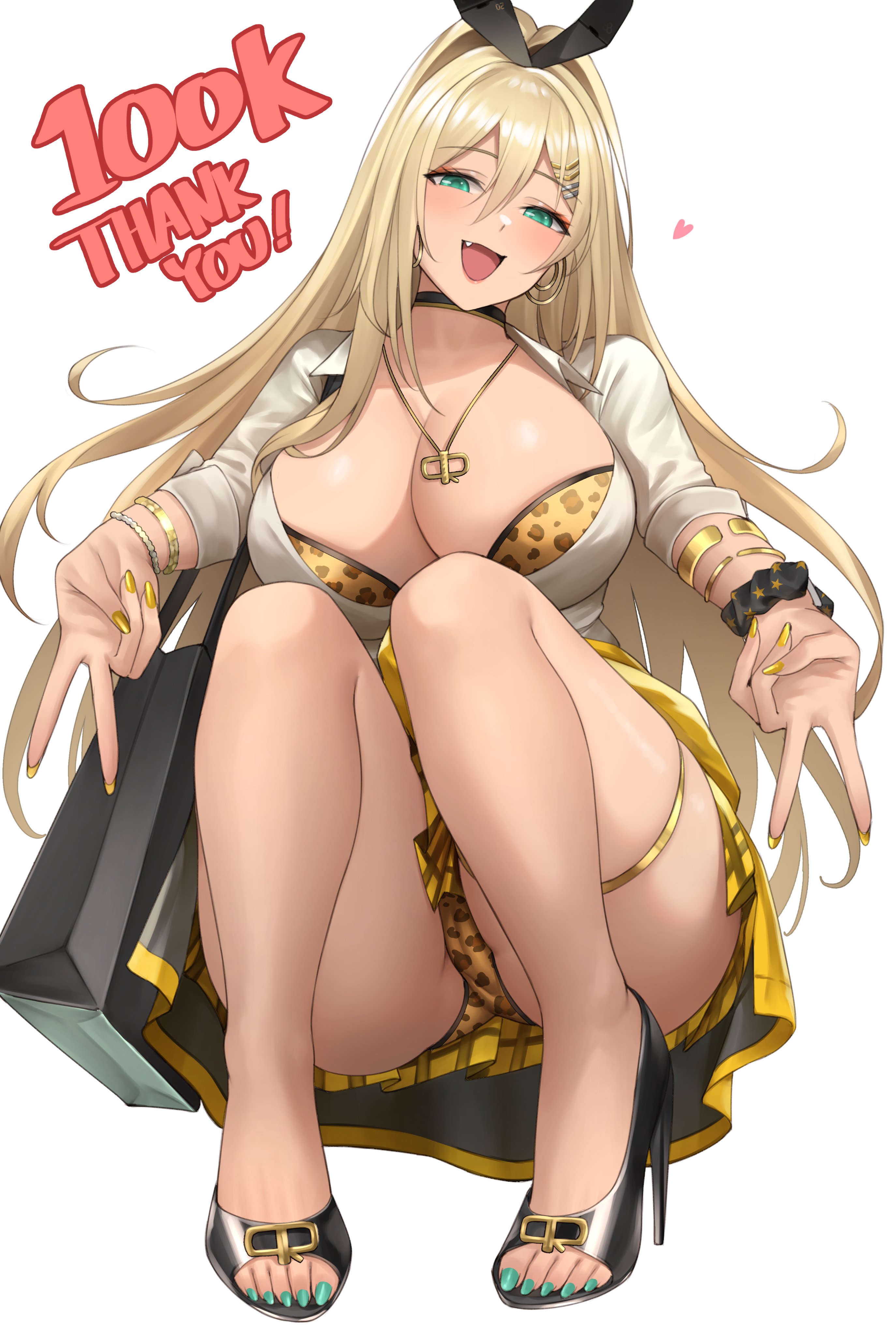 1girls, blonde hair, cleavage, cute fang, double v, female, female only, goddess of victory: nikke, heels, kuronerinka, light skin, light-skinned female, milestone celebration, nail polish, painted nails, panties, peace sign, rupee (nikke), thick thighs, toenail polish, toes, v, v sign, yellow nails