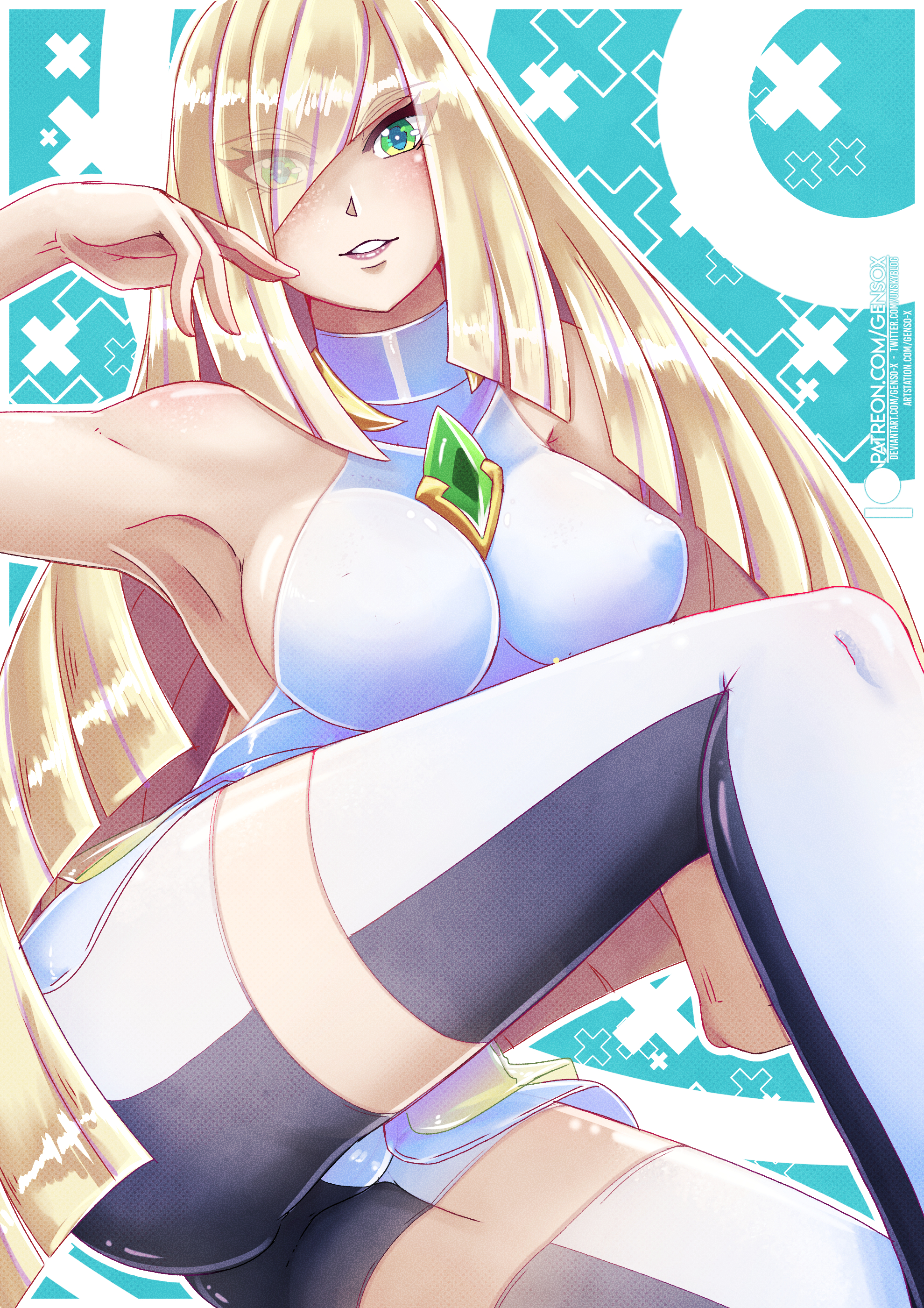 1girls, alternate version available, armpits, big breasts, blonde hair, breasts, clothing, eye visible through hair, female, female only, game freak, gensox, green eyes, hair, legwear, lips, long hair, lusamine (pokemon), mature, mature female, milf, mother, pokemon, pokemon sm, solo, solo female, thighhighs, thighs