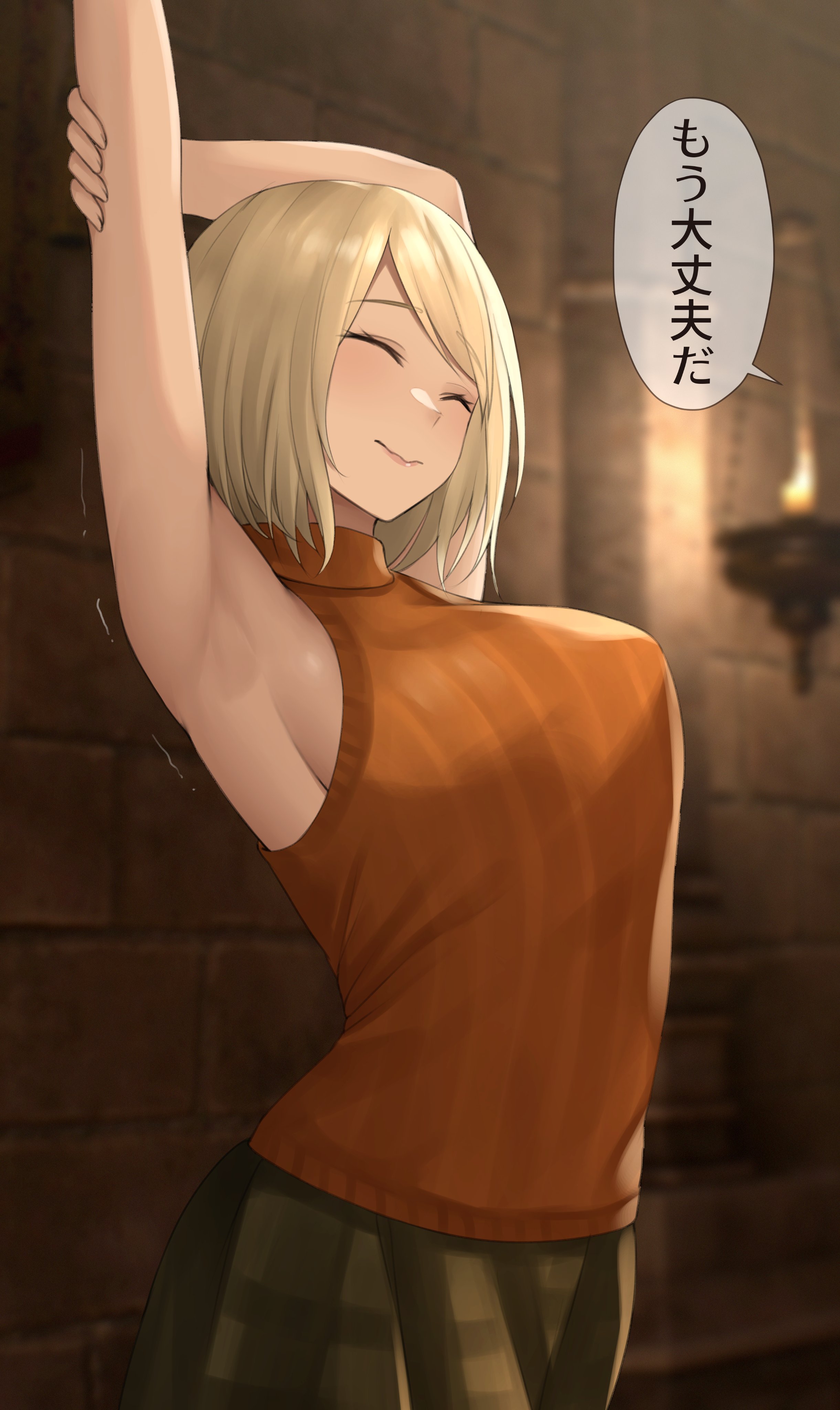 armpits, ashley graham, ashley graham (ella freya), big breasts, blonde hair, breasts, clothing, female, female only, japanese text, kuronerinka, resident evil, resident evil 4, resident evil 4 remake, stretching