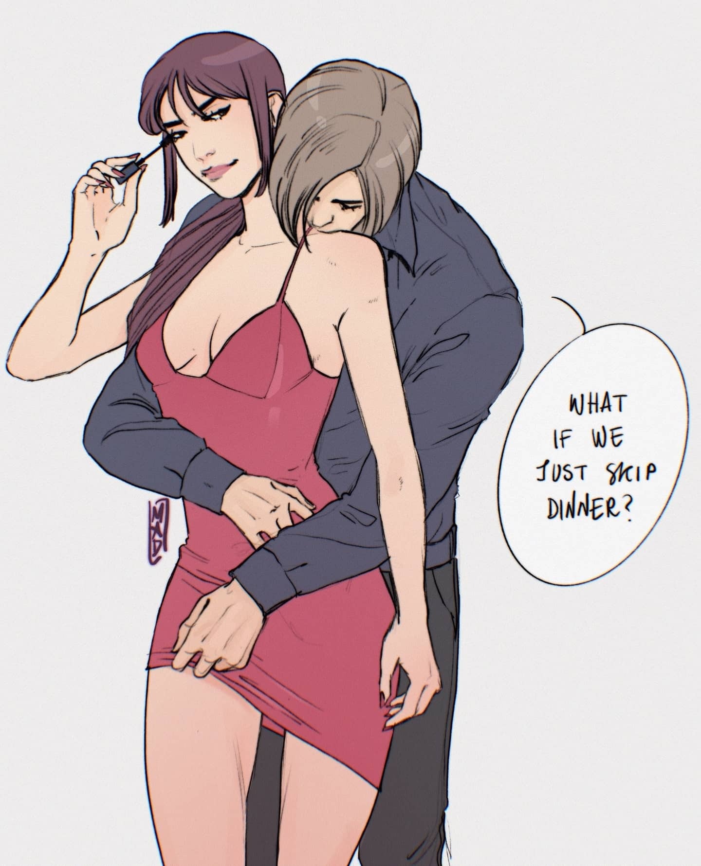 1boy, 1girls, arms around waist, biohazard, capcom, claire redfield, couple, couple (romantic), couple art, couple focus, couple love, dress lift, duo, duo focus, embrace, english text, female, female/male, flirting, hugging, hugging from behind, inheavenmad, intimacy, intimate, kissing shoulder, leon scott kennedy, male, male/female, mascara, ponytail, pulling clothing, red dress, resident evil, resident evil 2, romance, romantic, romantic ambiance, romantic couple, sensual, straight, suggestive, text, tight clothing, tight dress, undressing partner, wholesome