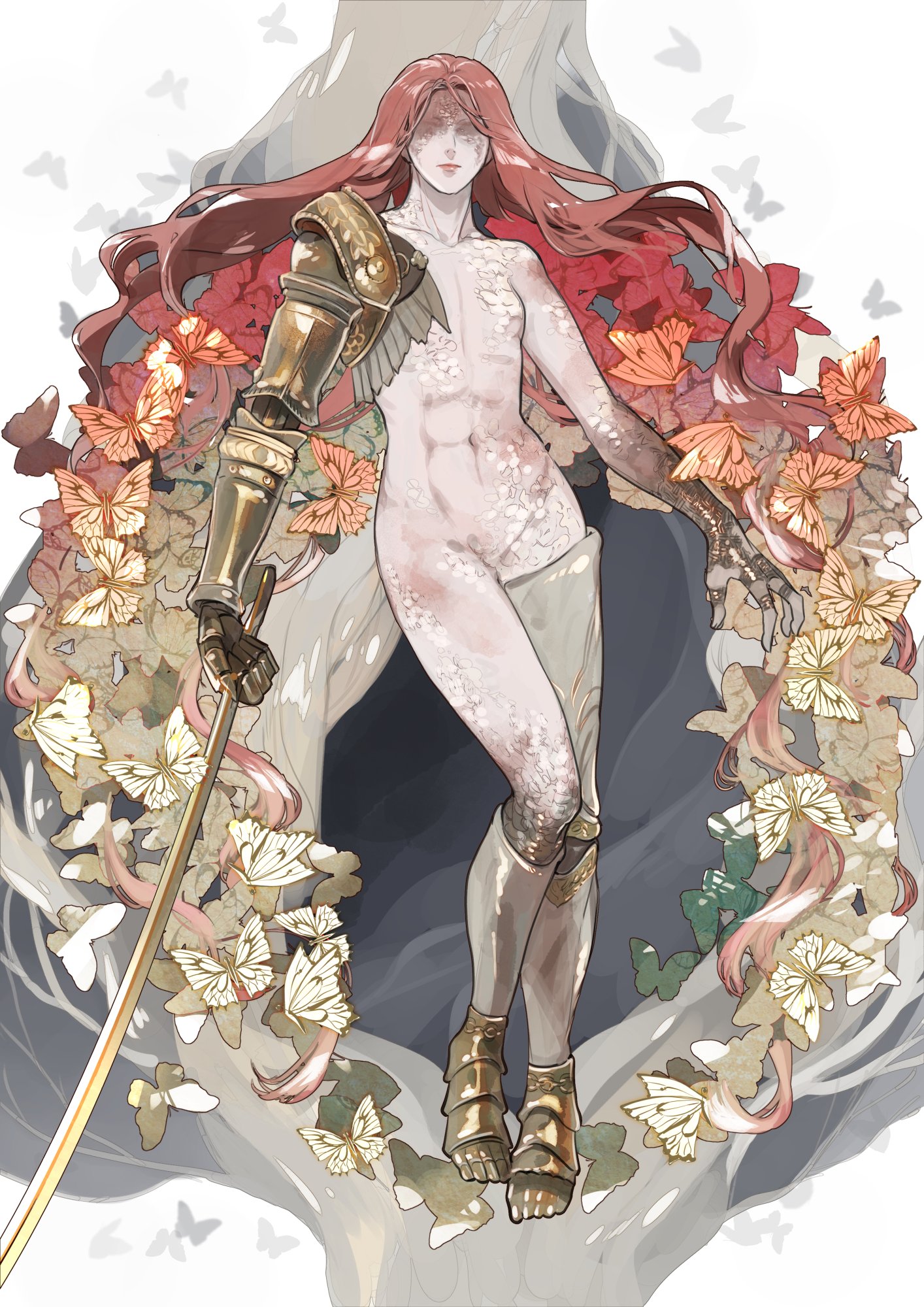 abs, barefoot, breasts, elden ring, feet, female, female only, femdom, fromsoftware, goddess, long hair, malenia blade of miquella, nude, nude female, prosthetic arm, prosthetic foot, prosthetic limb, small breasts, standing