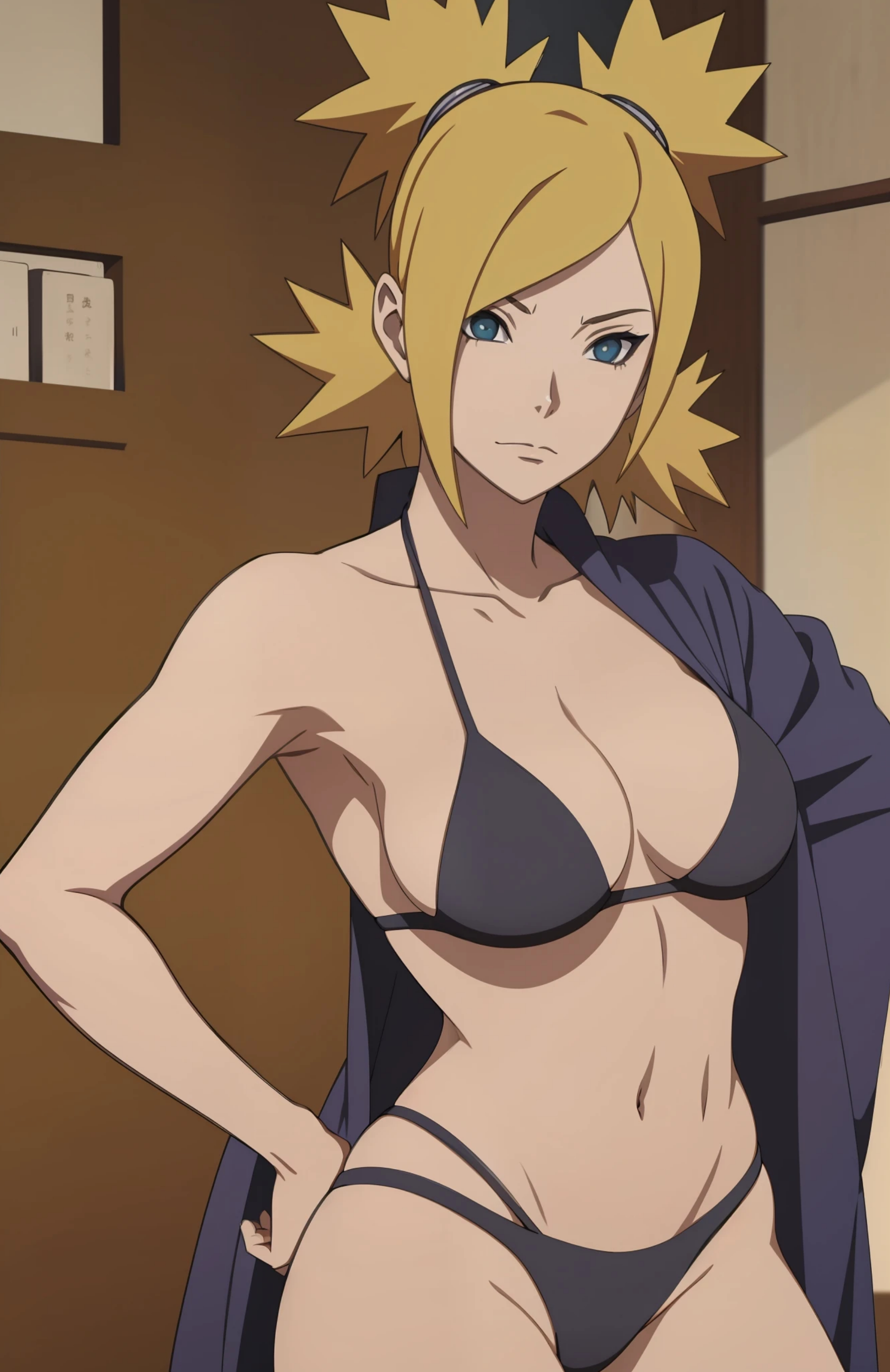 1girls, ai generated, barely clothed, bikini, bikini bottom, bikini top, blonde hair, blue eyes, boruto: naruto next generations, breasts, cape, cleavage, cowboy shot, female, hourglass figure, indoors, light skin, light-skinned female, looking at viewer, mature, mature female, midriff, milf, nai diffusion, naruto, naruto (series), oppai, pinup, ponytail, quad tails, shirt, stable diffusion, swimsuit, temari, tied hair, voluptuous, wide hips