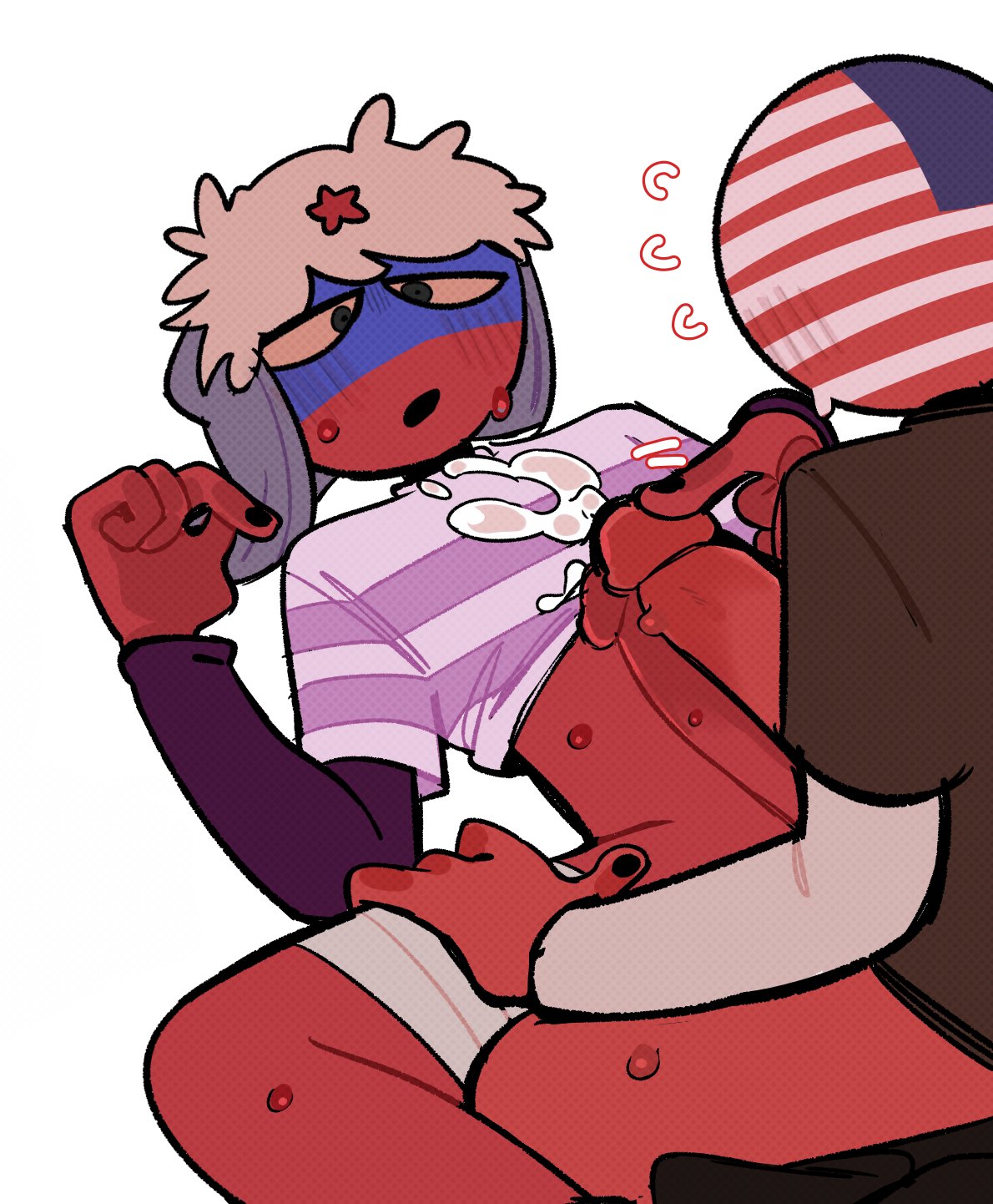 ailewzol blush bodily_fluids countryhumans cum cum_on_body frottage genital_fluids male male_only red_body red_skin russia_(countryhumans) simple_background sweat sweatdrop united_states_of_america_(countryhumans) white_background