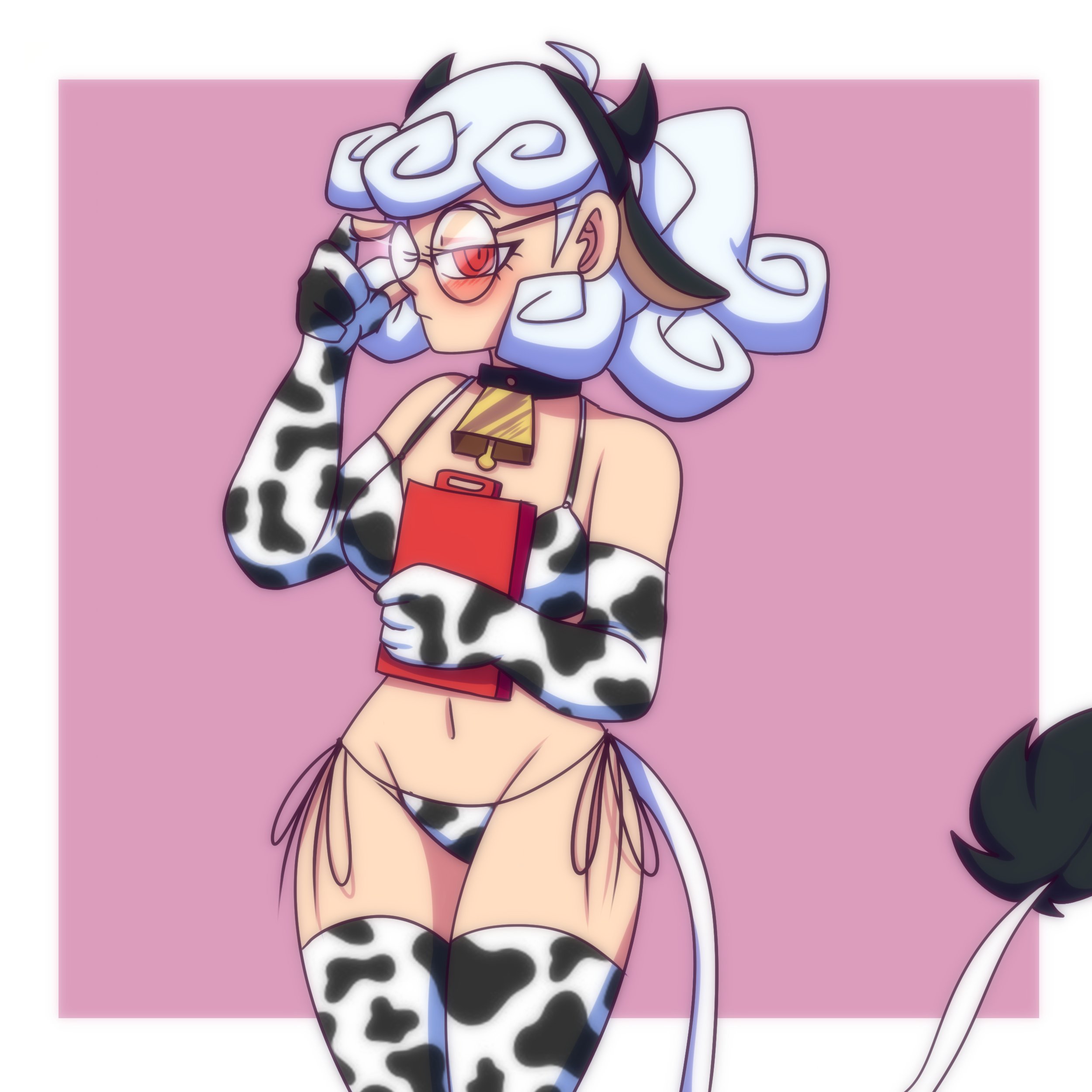 1girls, armwear, big breasts, bikini, bikini bottom, bikini top, blush, breasts, cow print, cow print armwear, cow print bikini, cow print thighhighs, cow tail, cowbell, demon, demon girl, eyewear, fake animal ears, fake tail, female, female only, glasses, hair, helltaker, lueduar, lueduartv, neckwear, office lady, pandemonica (helltaker), red eyes, solo, solo female, tail, thick thighs, thighhighs, thighs