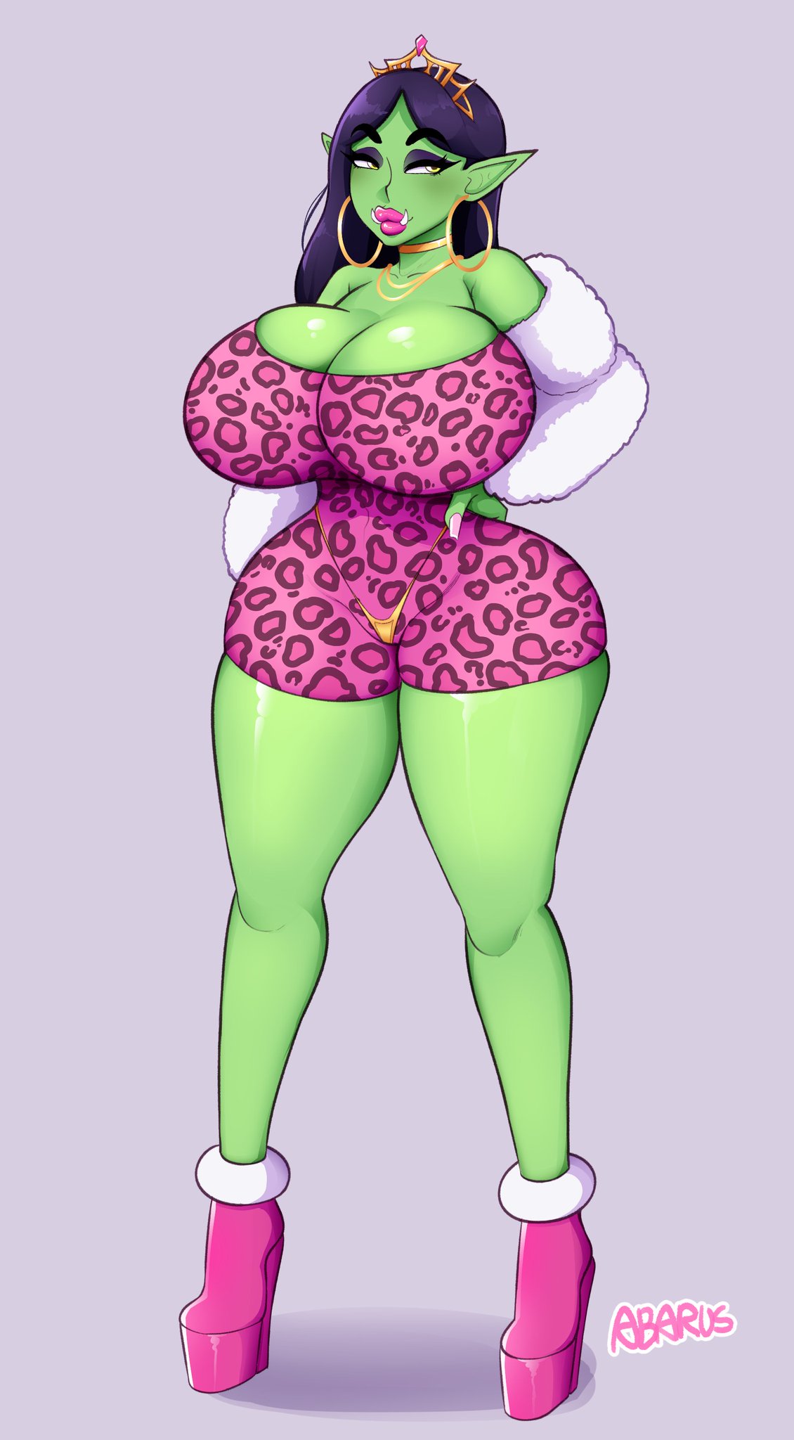 abarus, ass, bimbo, bimbo lips, bimbofication, black hair, breasts, breasts bigger than head, clothed female, fake nails, female, gold jewelry, half-closed eyes, hand on hip, hoop earrings, large ass, large breasts, leopard print, makeup, mascara, orc, orc female, original, pink dress, pink lipstick, platform heels, ponytail, puffy lips, seductive eyes, see-through clothing, taller female, thick thighs, thong, tiara, tusks
