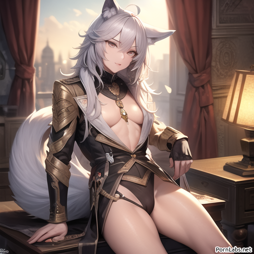 clothed no_pants open_shirt small_bulge suggestive_look white_hair wolf_ears wolf_man wolf_tail