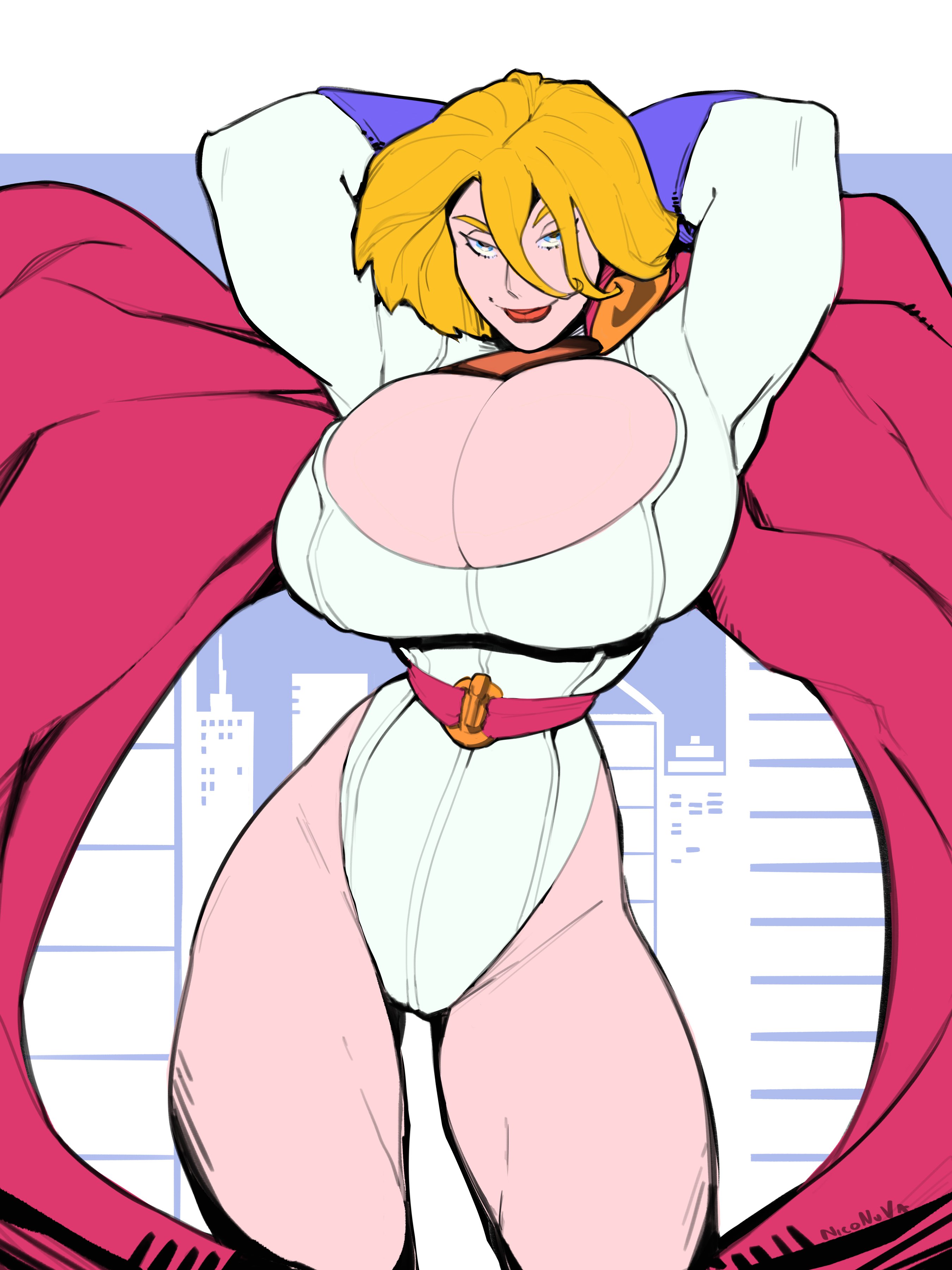 1girls, arms behind head, arms up, blonde hair, blue eyes, blue gloves, breasts, cape, cleavage, cleavage cutout, curvy, dc, dc comics, enormous breasts, female, female only, gloves, huge breasts, leotard, lips, niconuva, power girl, short hair, smile, solo, standing, superheroine, superman (series), white leotard