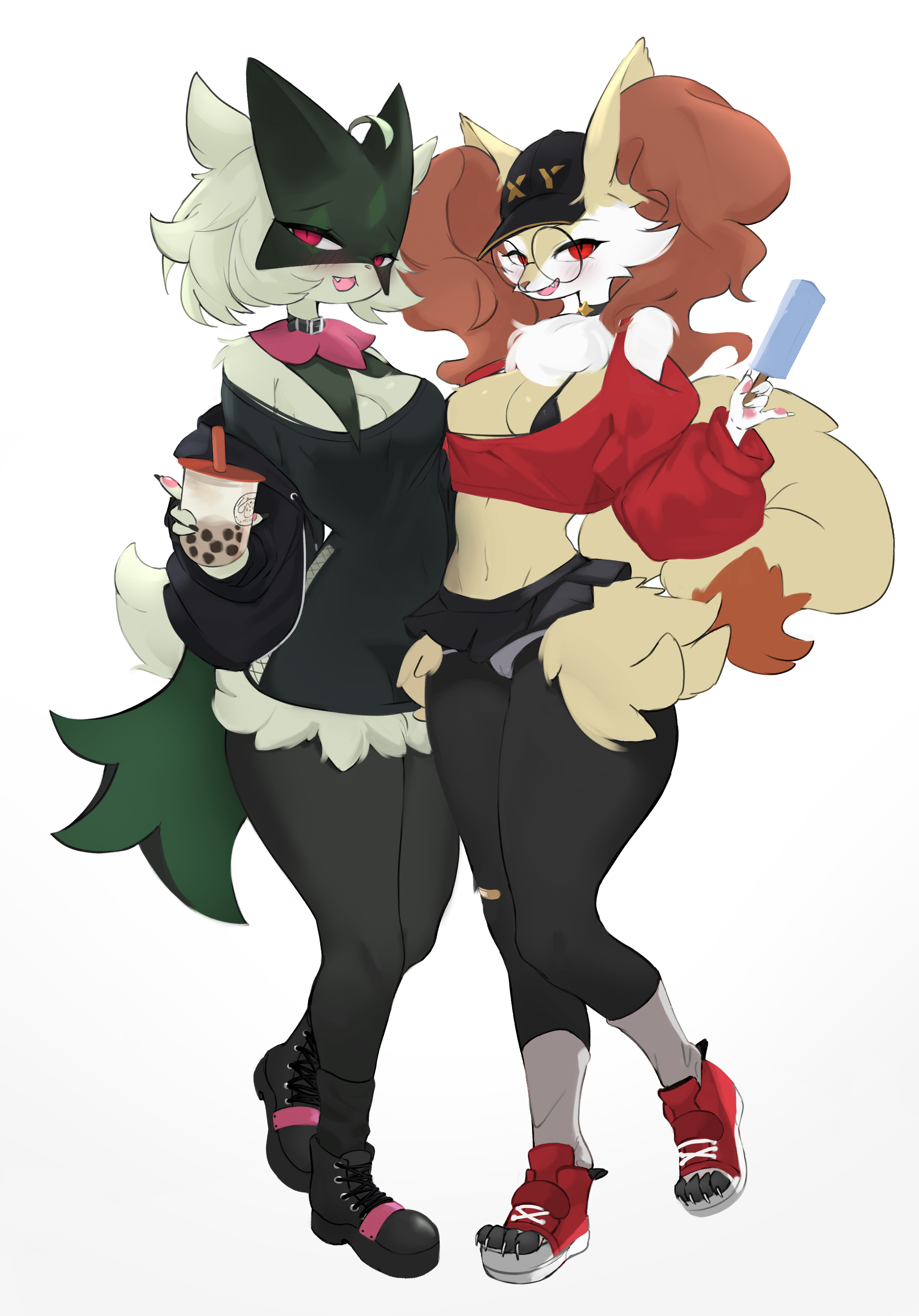 2girls, anthro, braixen, casual clothes, cat girl, cat humanoid, catgirl, clothing, female, female focus, female only, furry, game freak, green fur, mask, meowscarada, nintendo, pokemon, pokemon (species), pokemon sv, pokemon xy, red eyes, voluptuous, yoru vida