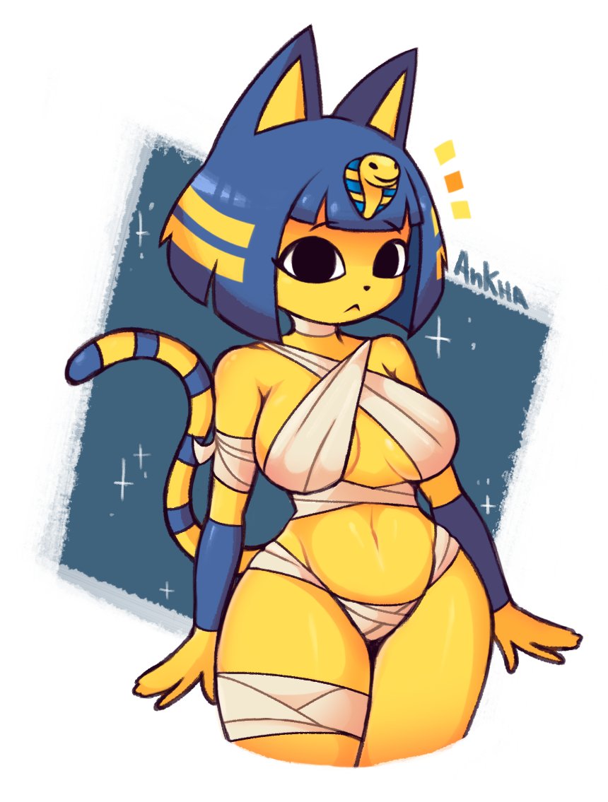 animal_crossing ankha anthro bandage big_breasts breasts egyptian feline female navel nintendo tail thick_thighs venky wide_hips yellow_fur