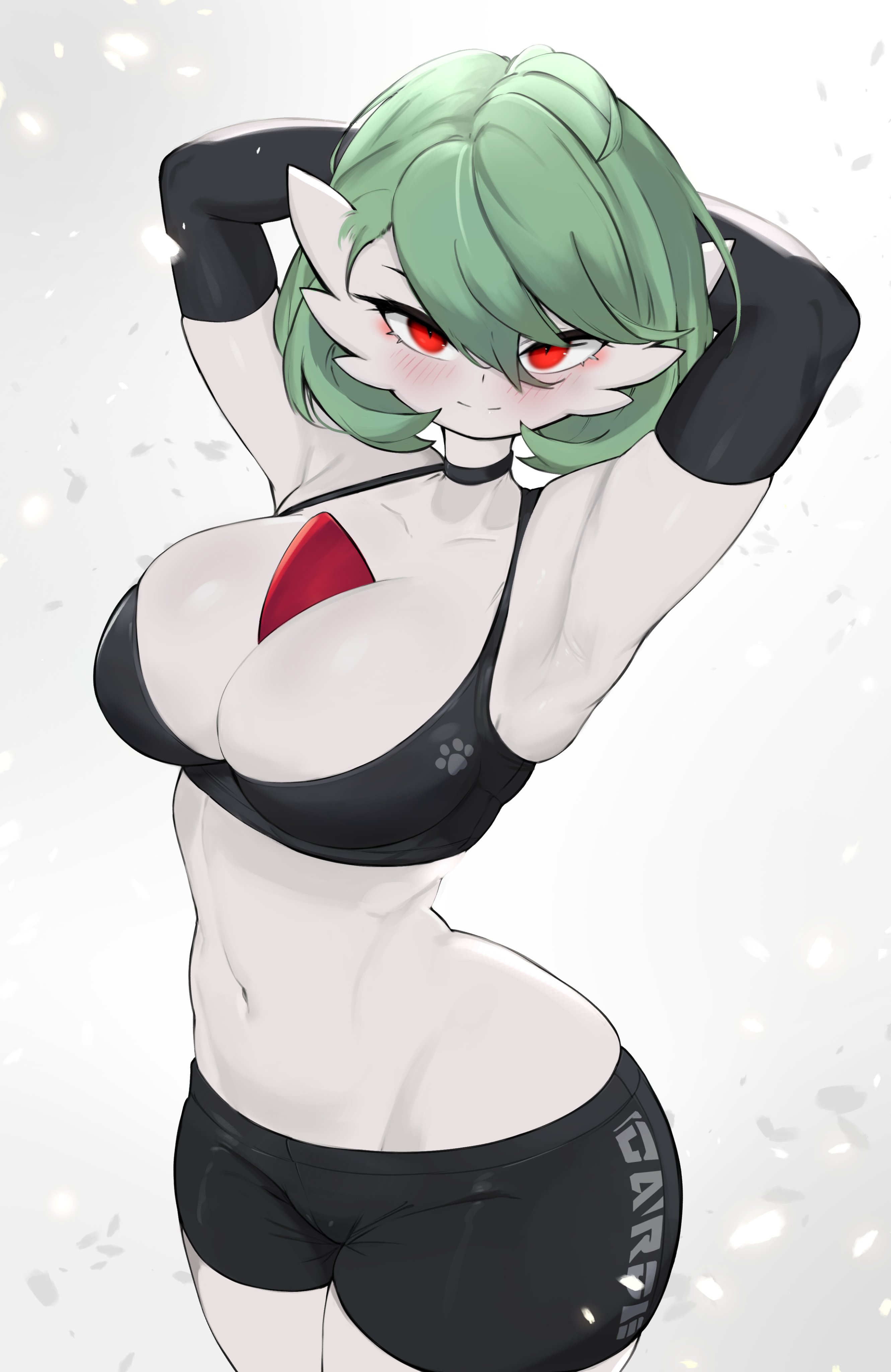 armpits, arms behind back, breasts, chest spike, female, game freak, gardevoir, green hair, gym clothes, humanoid, large breasts, nintendo, pale skin, pokémon (species), pokemon, pokemon (species), pokemon rse, red eyes, revealing clothes, short hair, short shorts, sports bra, stretching, thick thighs, voluptuous, wide hips, yoru vida