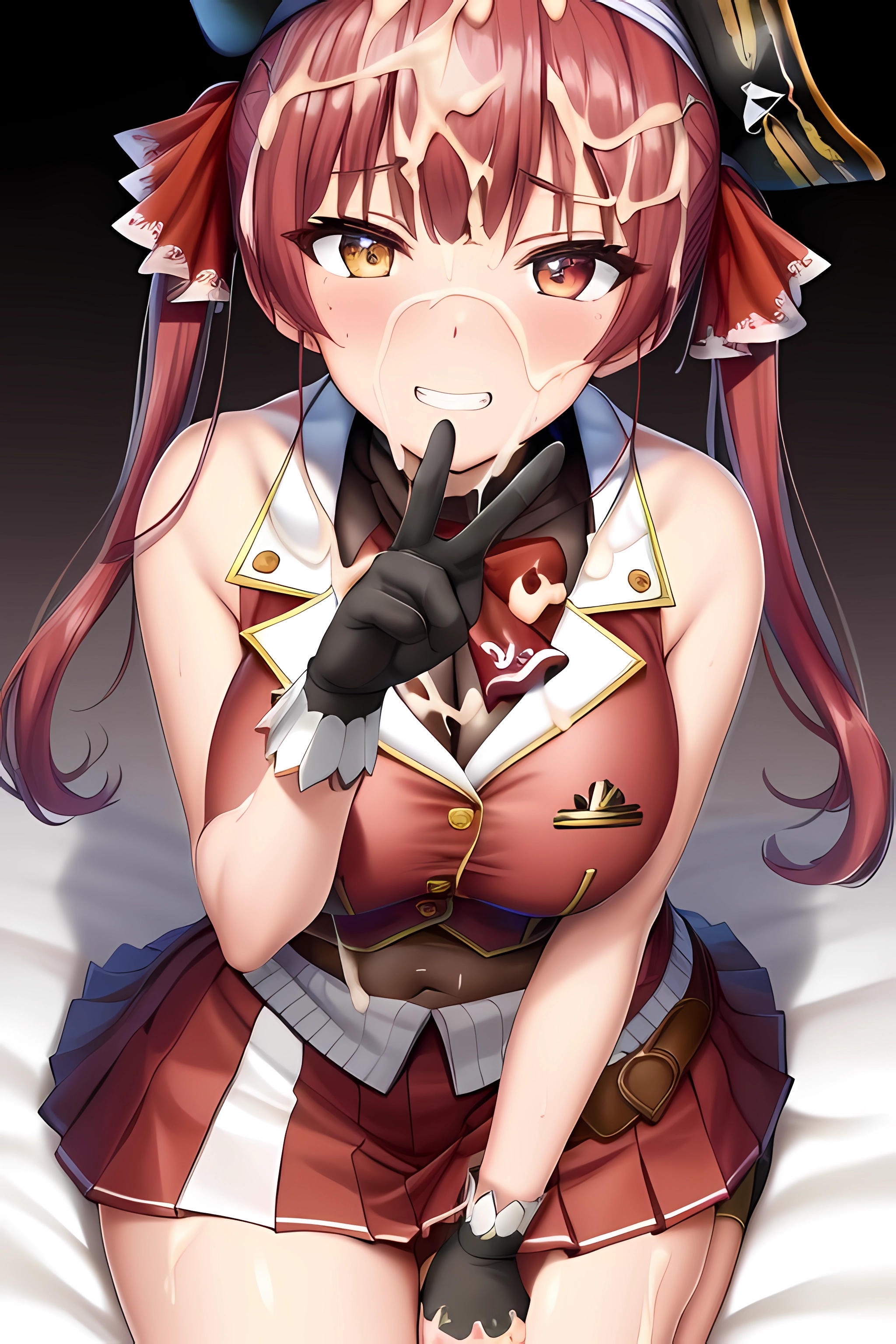 1girls, ai generated, breasts, clenched teeth, cum, cum on face, female, highres, hololive, hololive fantasy, hololive japan, houshou marine, large breasts, looking at viewer, peace sign, sitting, sitting on knees, smile, stable diffusion, virtual youtuber, yuqolilos