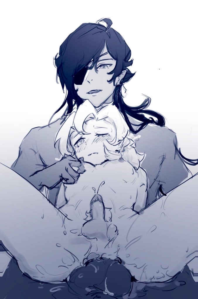 2boys, albedo (genshin impact), anal, artist request, ass, crying, cum, cum in ass, cum inside, eyepatch, femboy, gay, genshin impact, kaeya (genshin impact), male, male focus, male only, yaoi