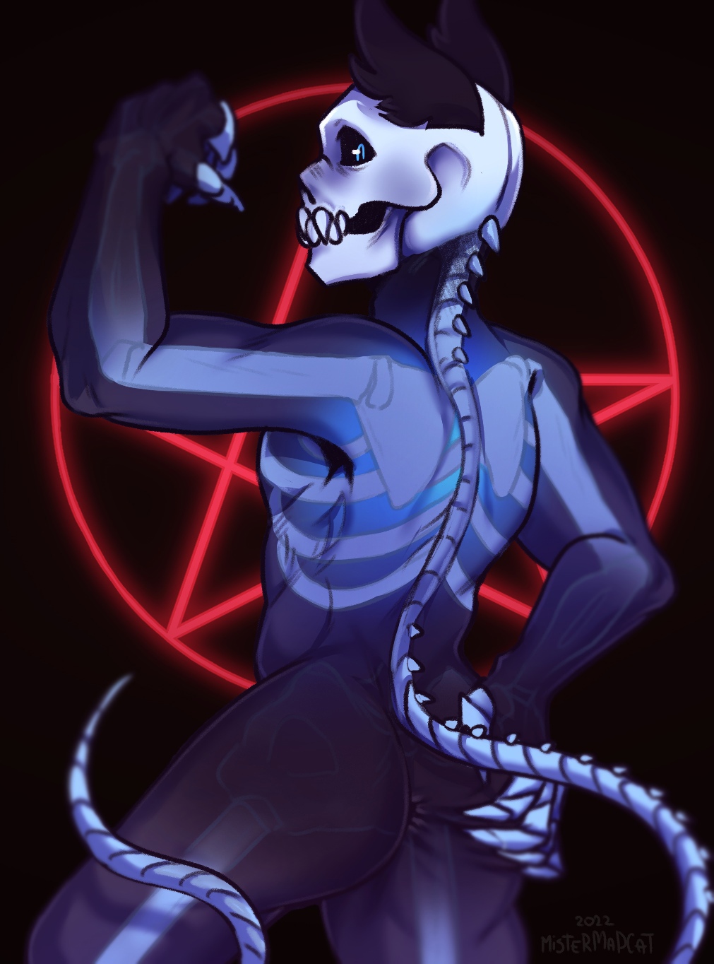 anthro ass blue bone demon domestic_cat felid feline felis hi_res humanoid invalid_tag male mammal mistermadcat satanic solo tail translucent visible_skeleton