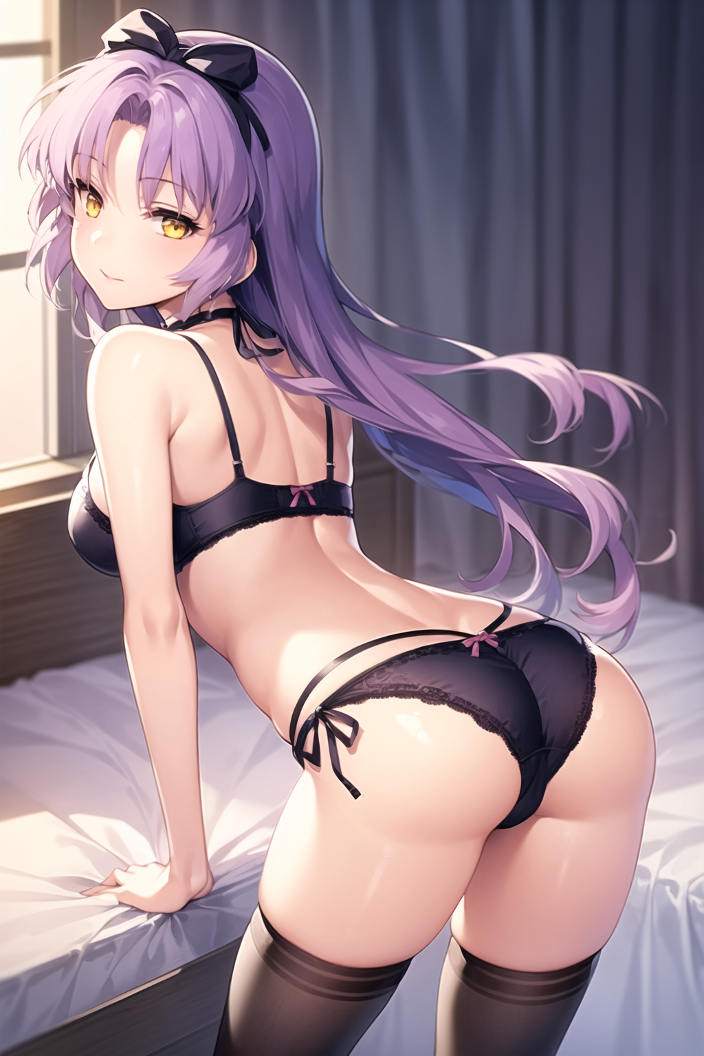 1girls ai_generated ass ass_focus back back_view bra breasts eiyuu_densetsu facing_away lace-trimmed_bra lace-trimmed_panties laced_panties long_hair looking_at_viewer panties purple_hair renne renne_(eiyuu_densetsu) renne_bright sen_no_kiseki smile smiling smiling_at_viewer thighhighs thighs trails_of_cold_steel umiaiart underwear yellow_eyes