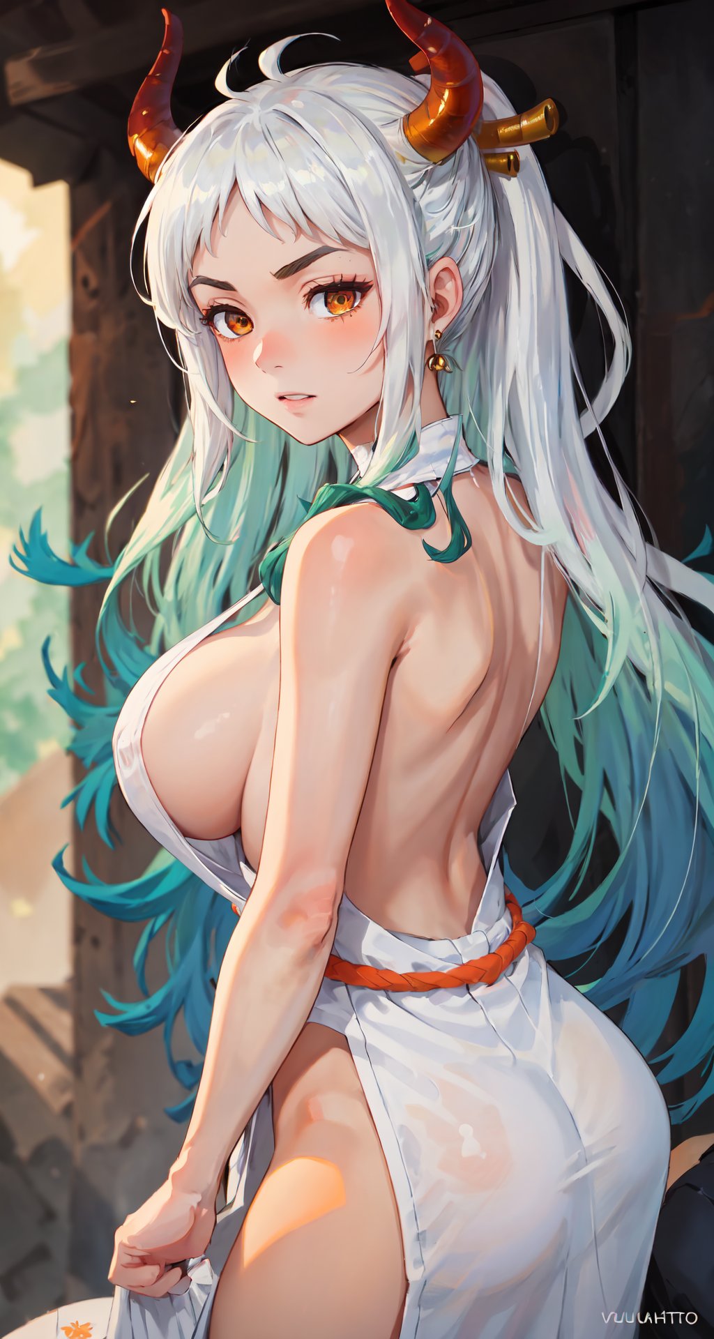 1girls, ai generated, artist request, big breasts, blue hair, breasts, brown eyes, clothed, clothing, curvaceous, curvy, curvy female, demon, ear piercing, earrings, female, female focus, female only, gradient hair, hi res, highres, hoop earrings, horned humanoid, horns, huge breasts, humanoid, light skin, light-skinned female, long hair, multicolored hair, one piece, oni, oni horns, revealing clothes, simple background, solo, solo female, solo focus, stable diffusion, two-tone hair, voluptuous, voluptuous female, white hair, wide hips, yamato (one piece), yokai