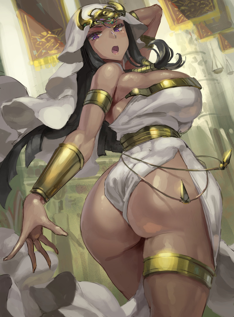 ass ass_focus between_buttocks breasts brown_hair cleavage clothed curvaceous dark-skinned_female dark_skin female female_only gold_jewelry hood huge_ass huge_breasts isis_ishtar kazo loincloth long_hair looking_at_viewer looking_back low-angle_view purple_eyes sideboob skimpy skin_tight thick_thighs yu-gi-oh! yu-gi-oh!_duel_monsters