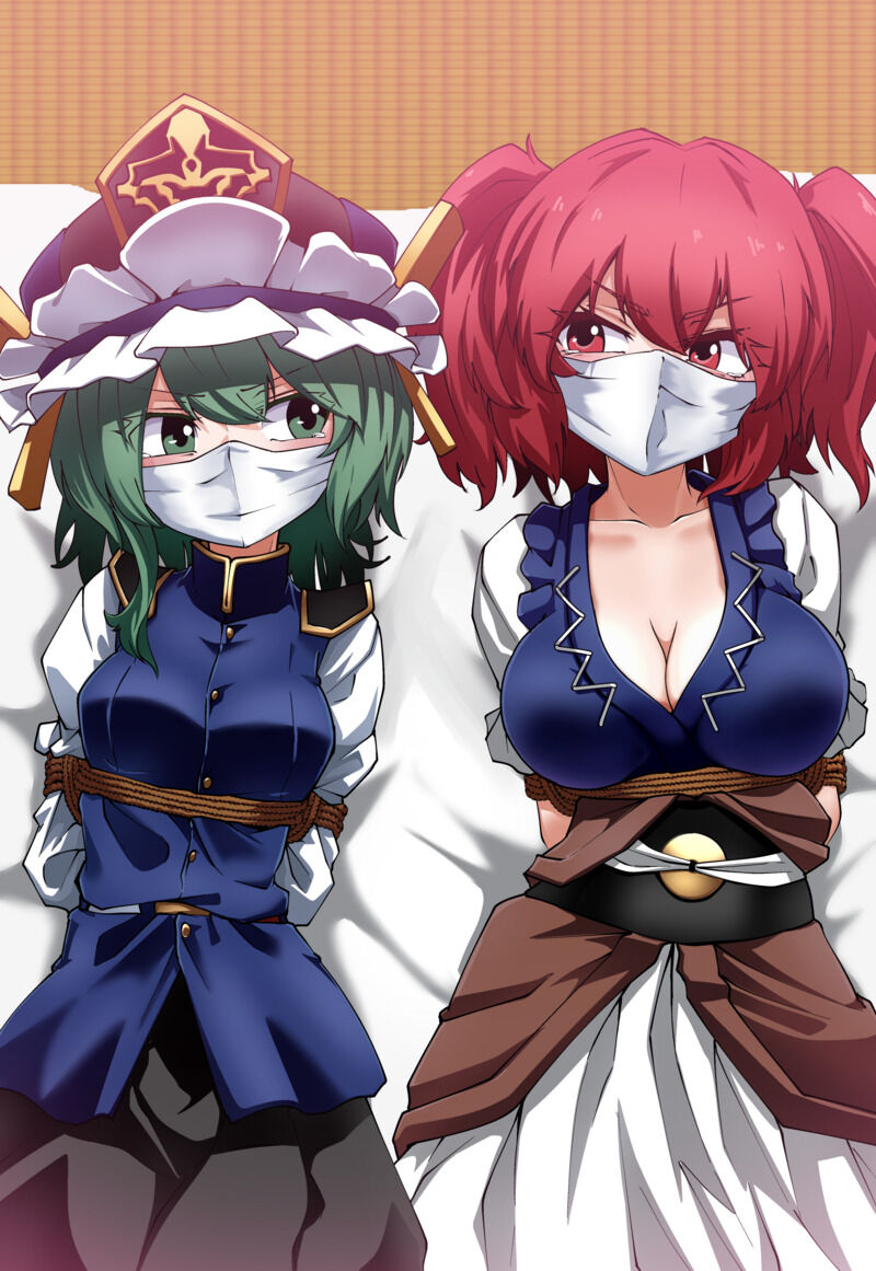 2girls bondage bound eiki_shiki female female_only gag gagged kikoka_(mizuumi) komachi_onozuka over_the_nose_gag touhou